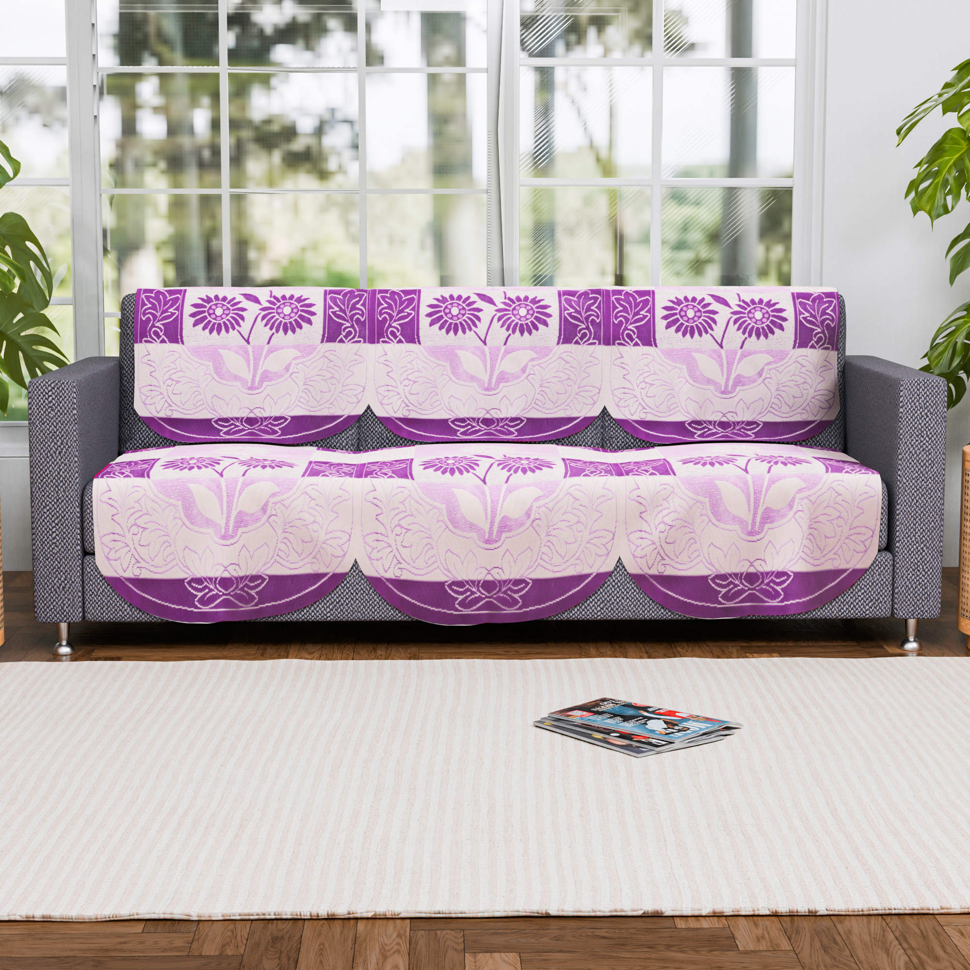 Kuber Industries 2 Seater Sofa Set Cover  Sofa Slipcover Protector for Home Living Room Hall  Office Couch  Flower Strips- Purple