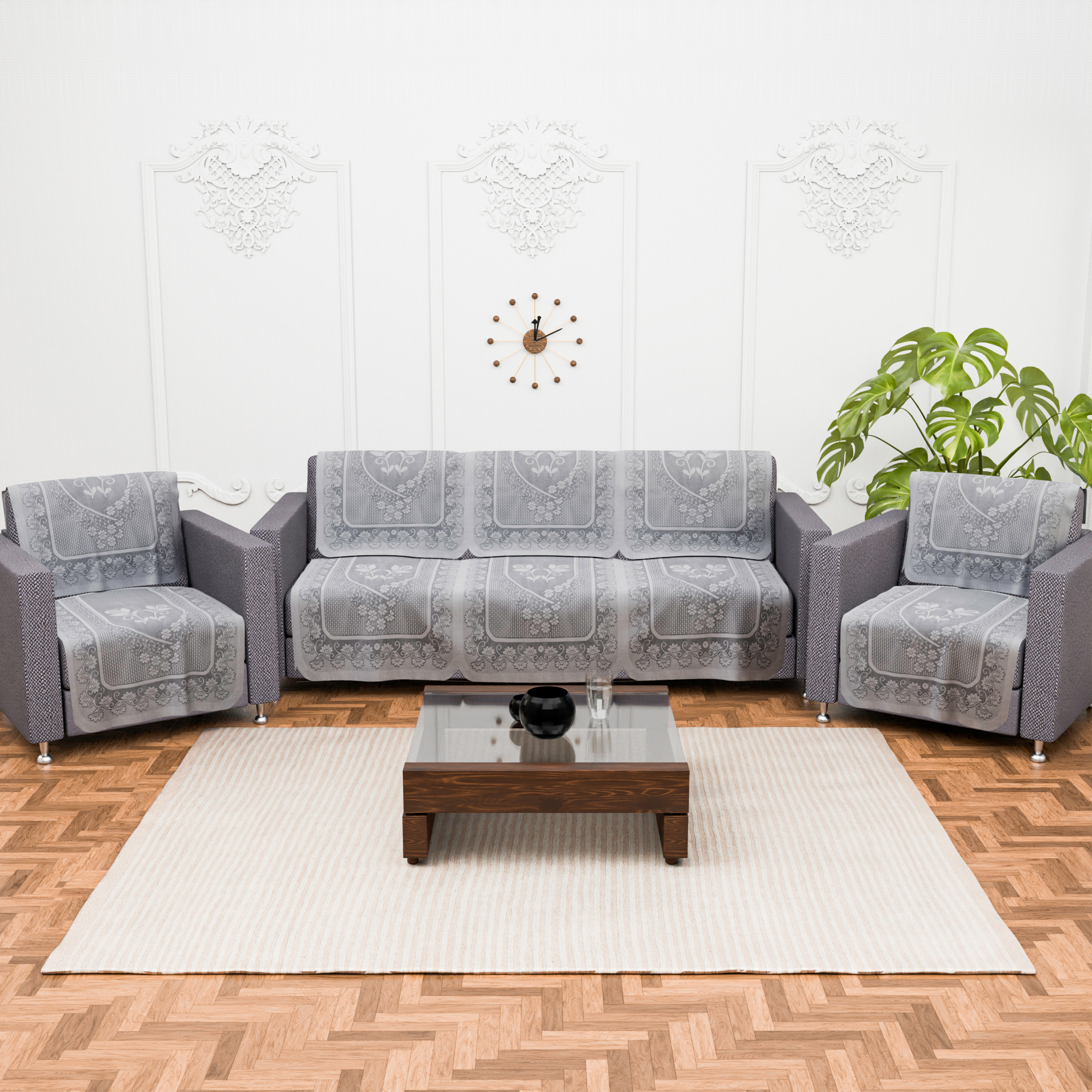 Kuber Industries 2 Seater Sofa Set Cover  Sofa Slipcover Protector for Home Living Room Hall  Office Couch  Net S19 Flower- Grey