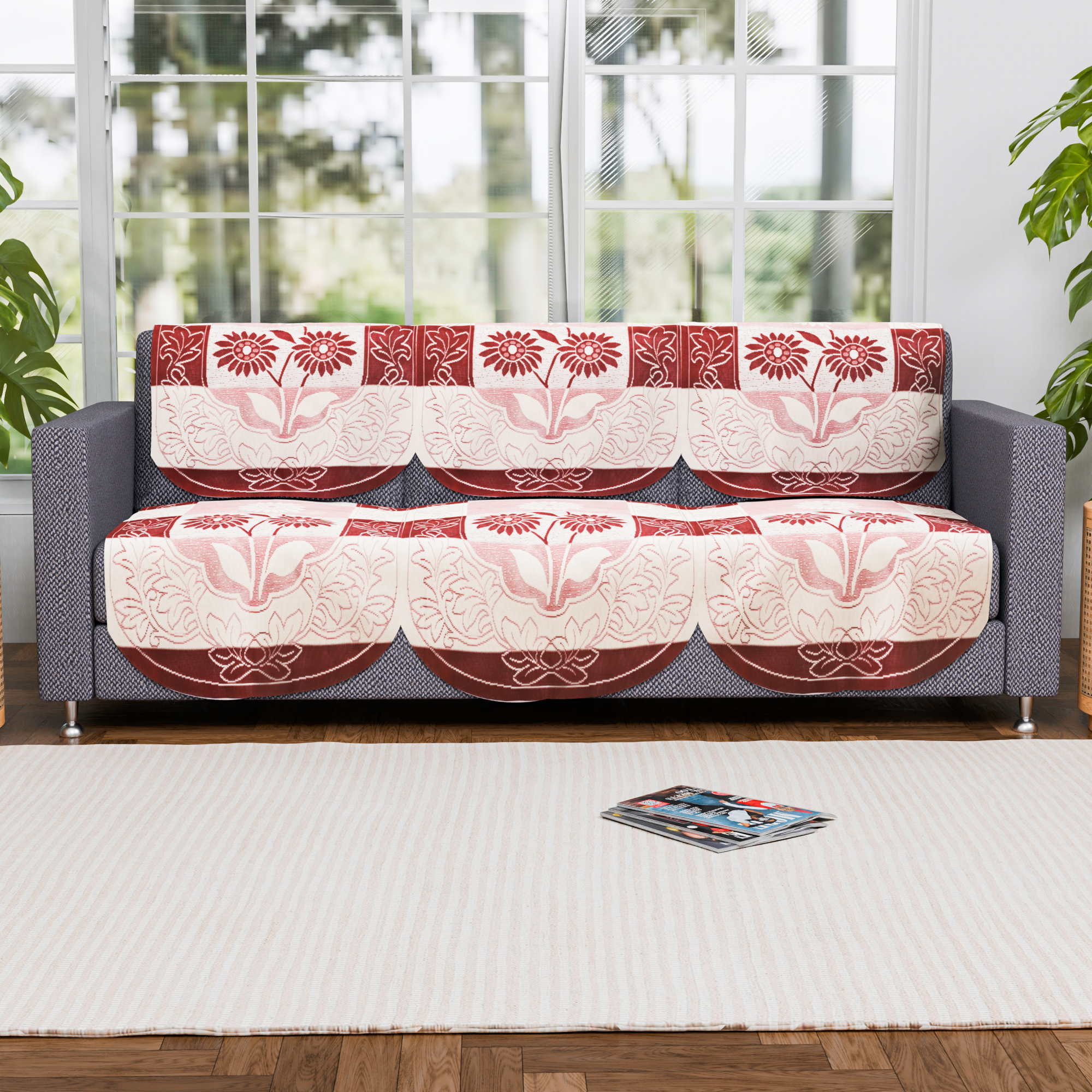 Kuber Industries 2 Seater Sofa Set Cover  Sofa Slipcover Protector for Home Living Room Hall  Office Couch  Flower Strips- Red  Cream