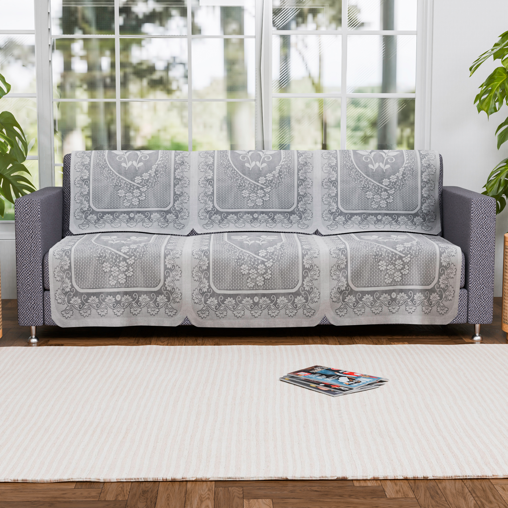 Kuber Industries 2 Seater Sofa Set Cover  Sofa Slipcover Protector for Home Living Room Hall  Office Couch  Net S19 Flower- Grey
