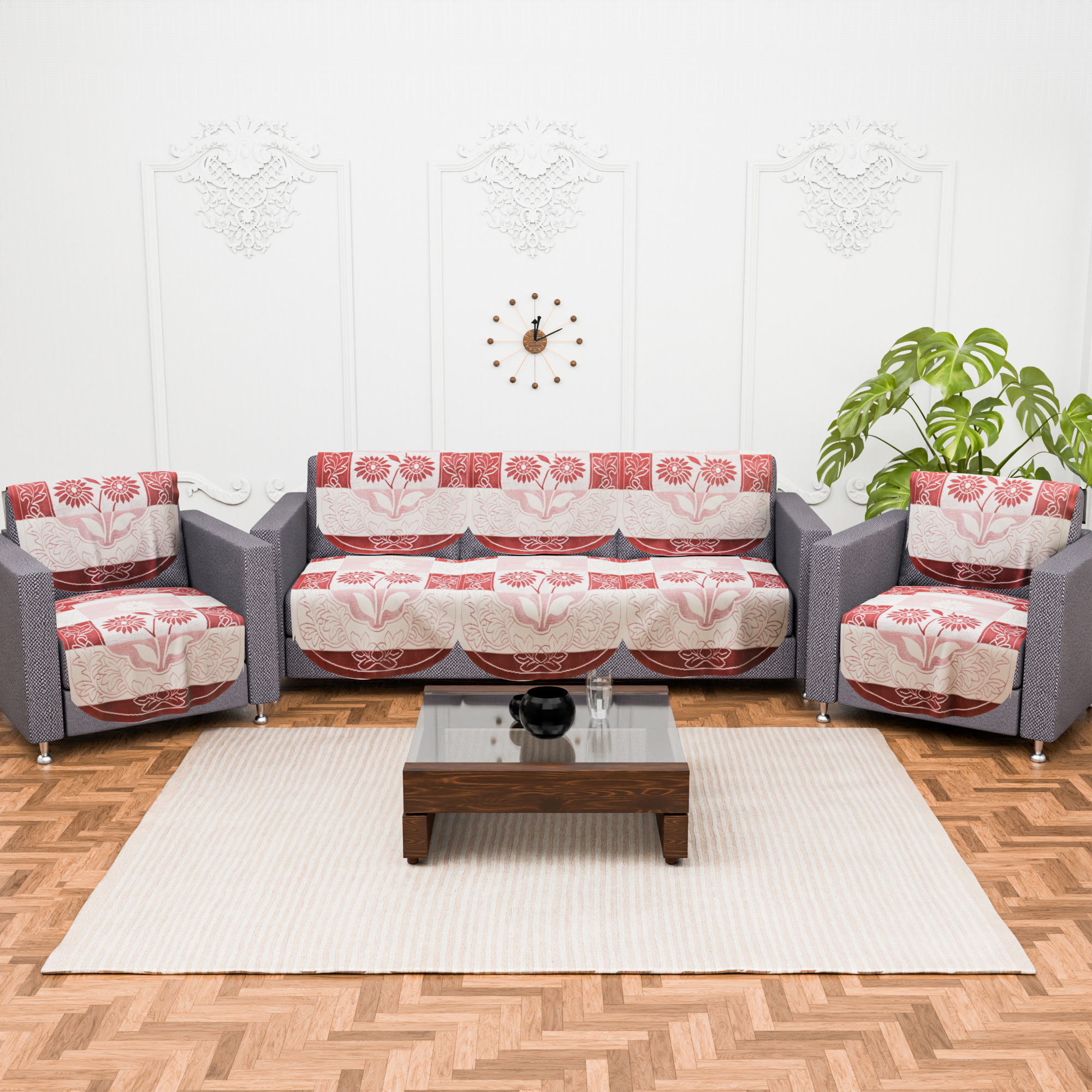 Kuber Industries 2 Seater Sofa Set Cover  Sofa Slipcover Protector for Home Living Room Hall  Office Couch  Flower Strips- Red  Cream