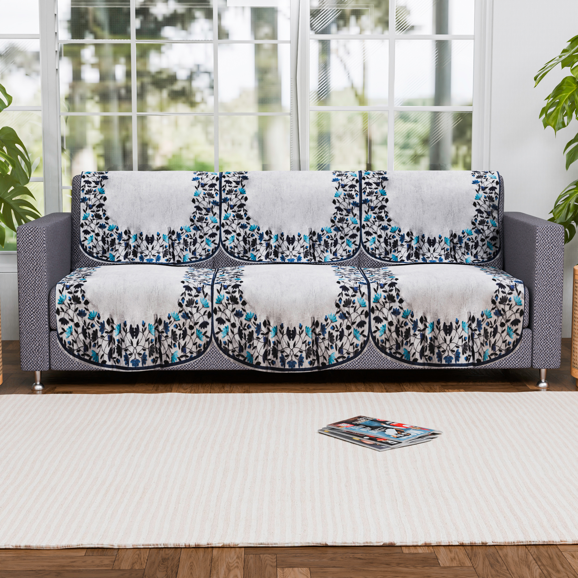 Kuber Industries 2 Seater Sofa Set Cover  Sofa Slipcover Protector for Home Living Room Hall  Office Couch  Digital Leaf -Blue  Grey