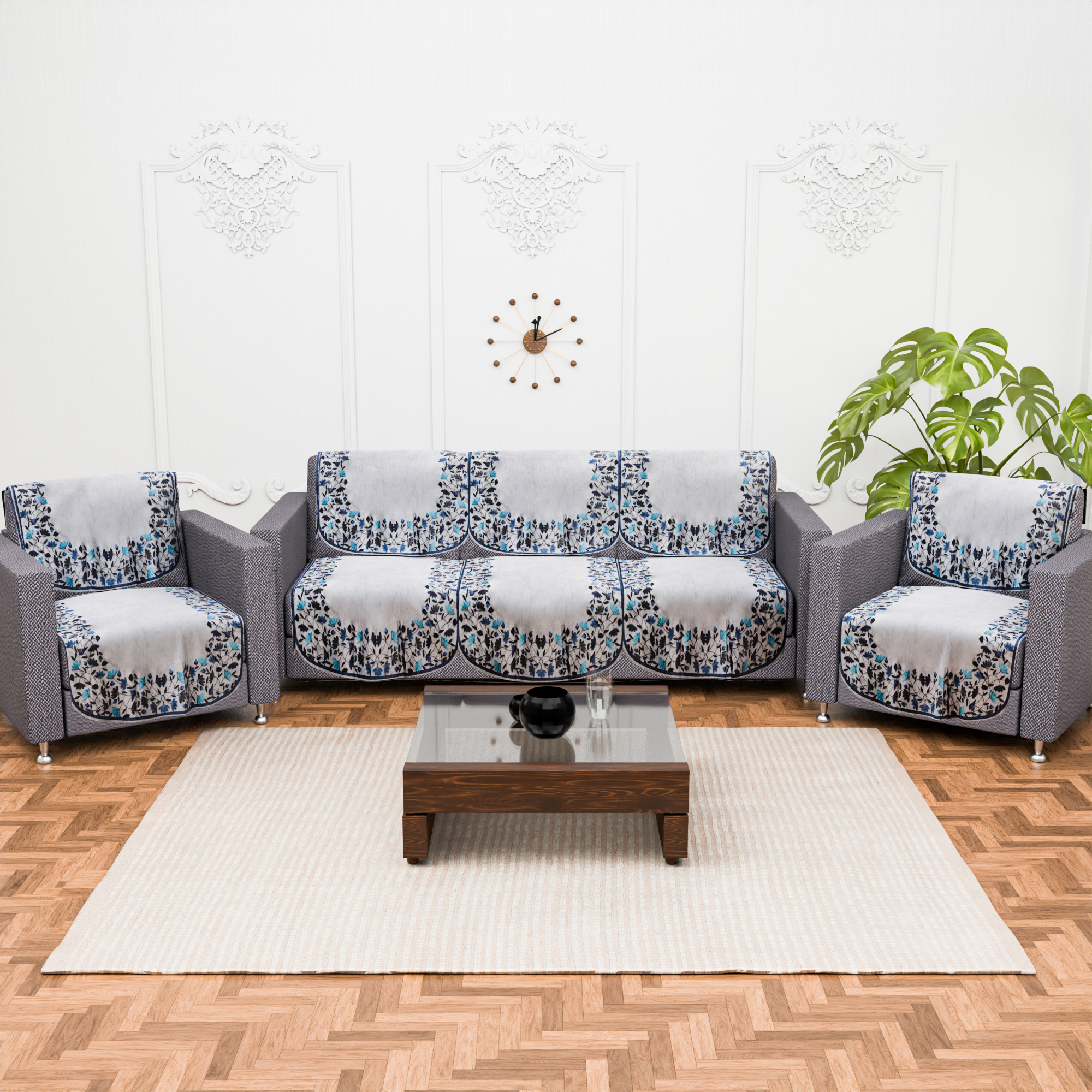Kuber Industries 2 Seater Sofa Set Cover  Sofa Slipcover Protector for Home Living Room Hall  Office Couch  Digital Leaf -Blue  Grey