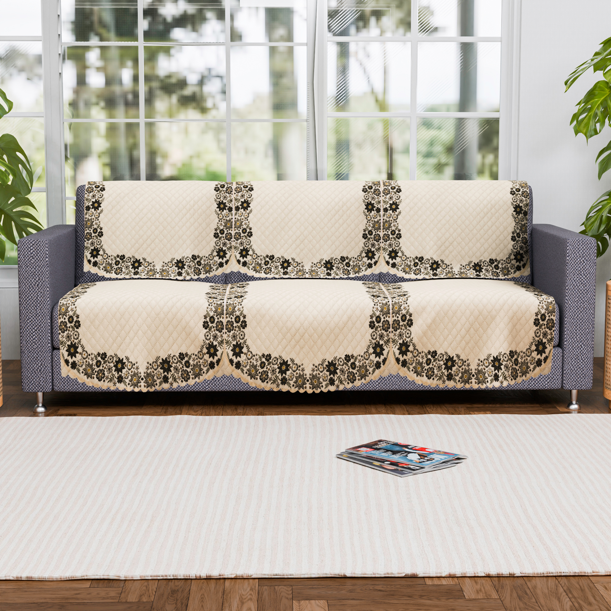 Kuber Industries 2 Seater Sofa Set Cover  Sofa Slipcover Protector for Home Living Room Hall  Office Couch  Quilted Border Paiting - Cream
