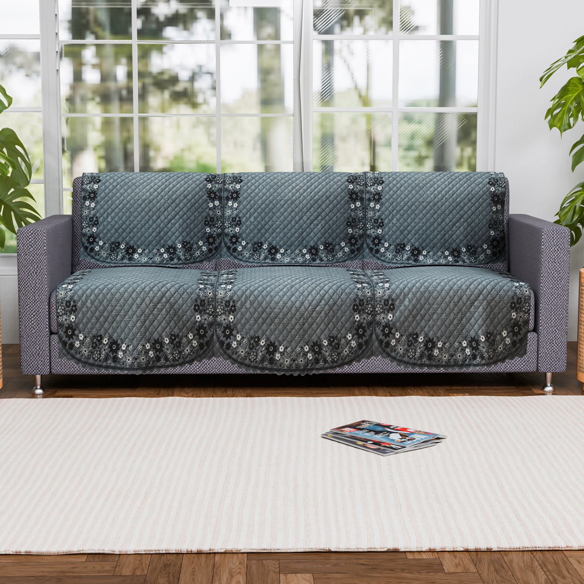 Kuber Industries 2 Seater Sofa Set Cover  Sofa Slipcover Protector for Home Living Room Hall  Office Couch  Quilted Border Paiting - Grey