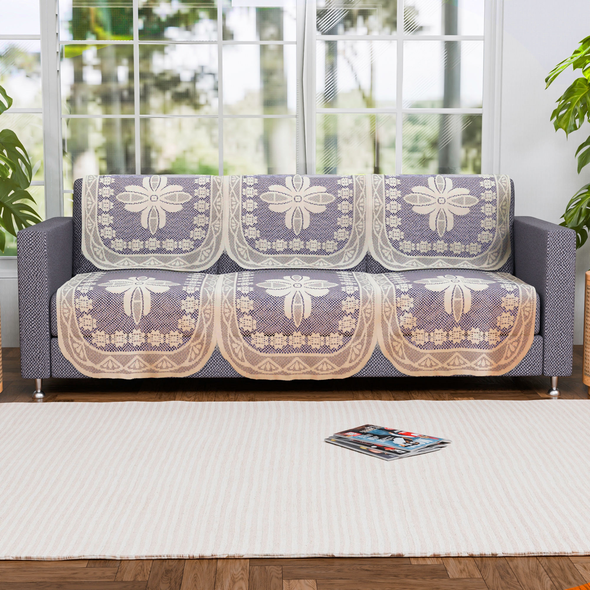 Kuber Industries 2 Seater Sofa Set Cover  Sofa Slipcover Protector for Home Living Room Hall  Office Couch  Net Croshia - Cream