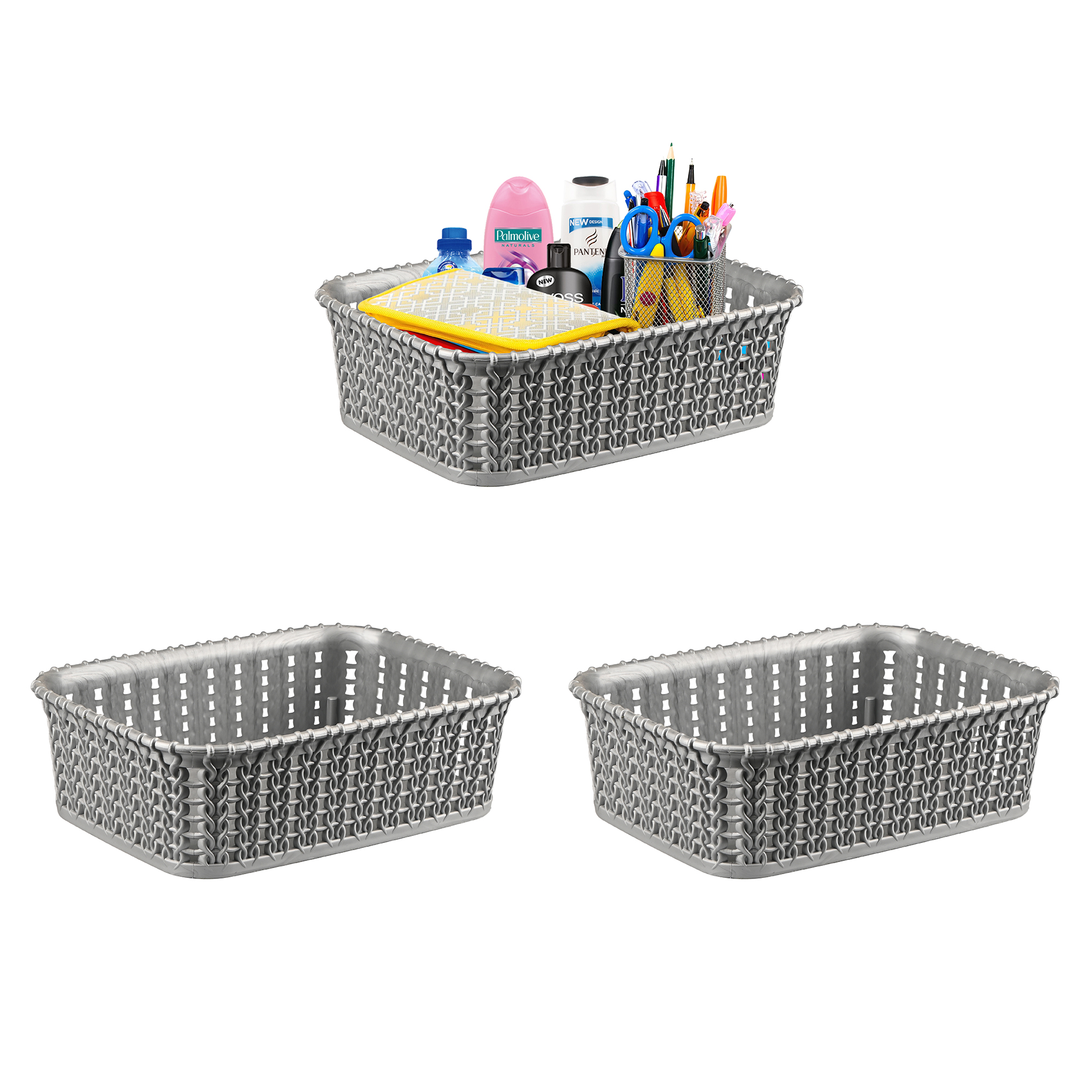 Kuber Industries Pack of 2 Small Multi-Purpose Plastic Basket for Storage M15  Spacious Stationary  Jewellery Holder  Home Organizers for Kitchen Bedroom  Dining Table  Light Grey