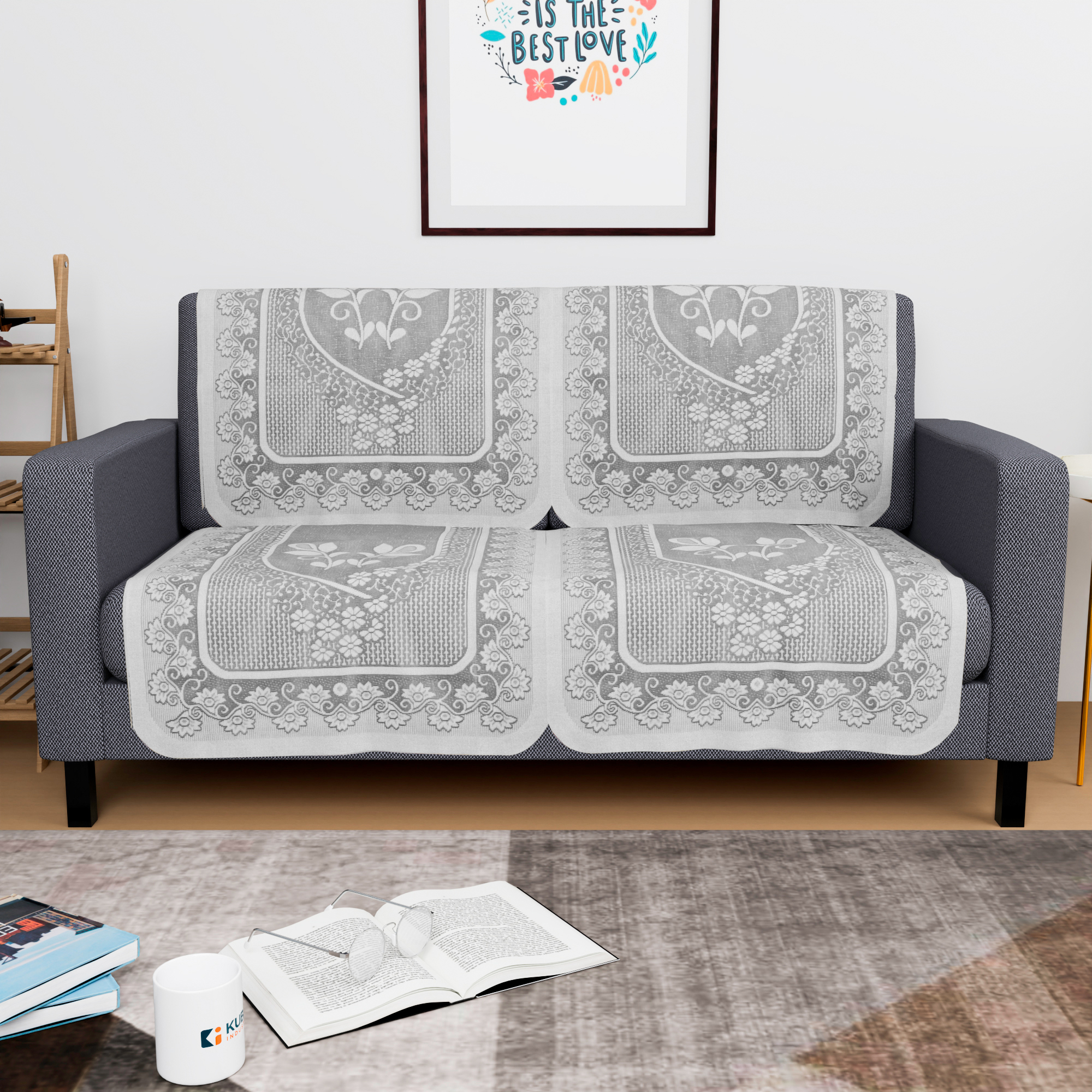 Kuber Industries 2 Seater Sofa Set Cover  Sofa Slipcover Protector for Home Living Room Hall  Office Couch  Net S19 Flower- Grey