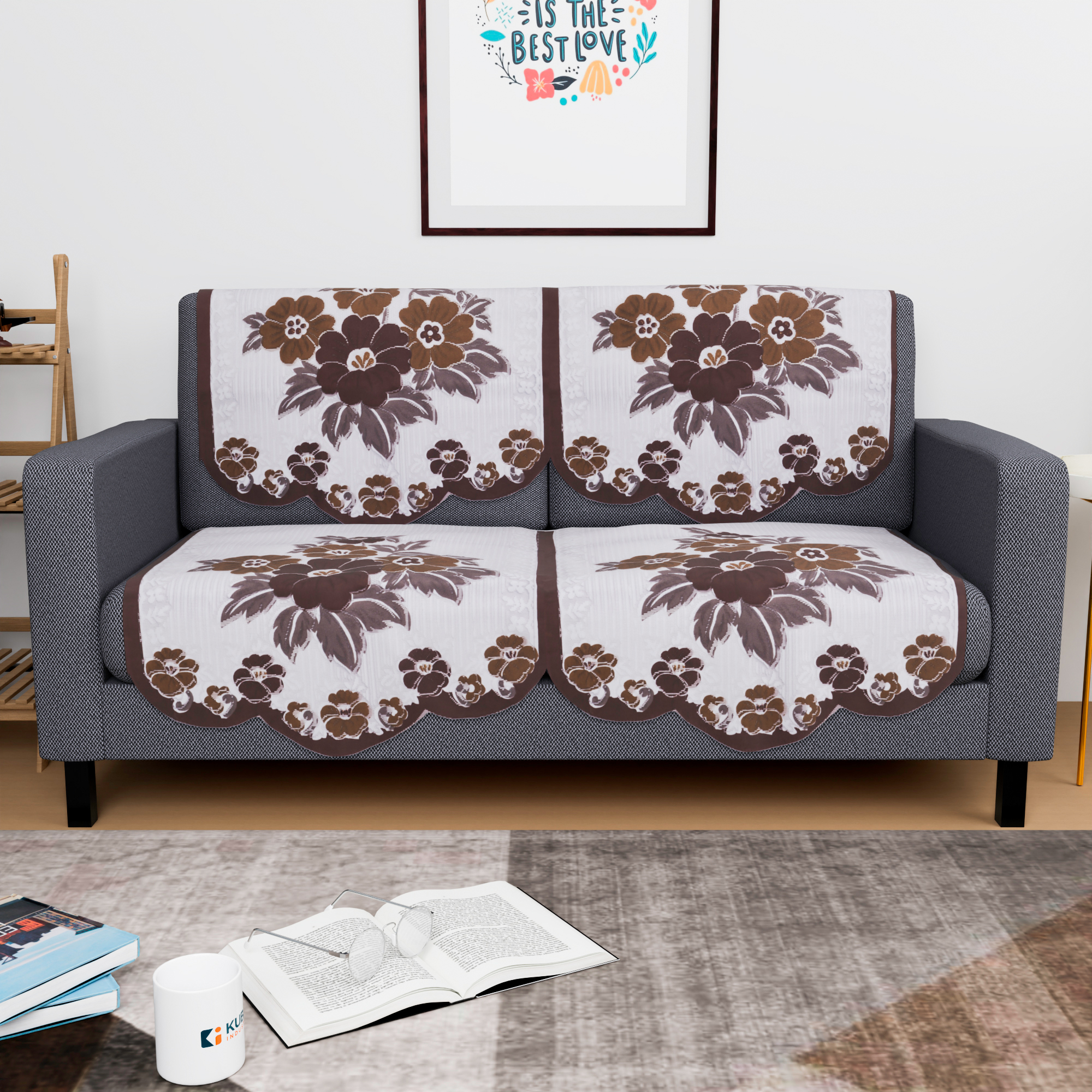 Kuber Industries 2 Seater Sofa Set Cover  Sofa Slipcover Protector for Home Living Room Hall  Office Couch  Painting- White  Brown