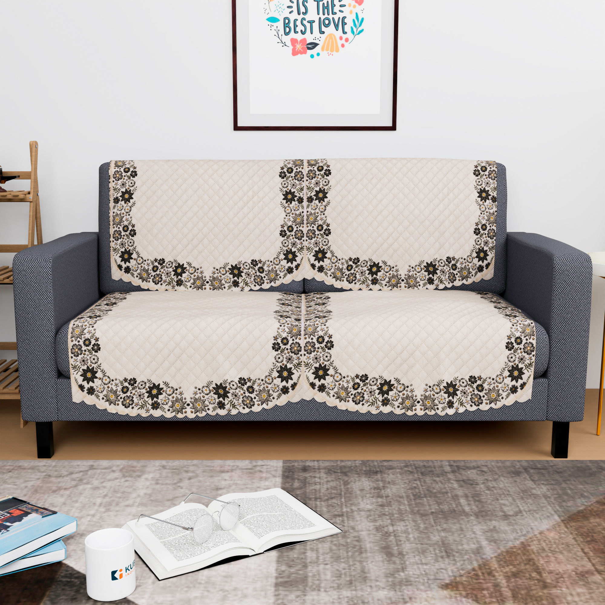 Kuber Industries 2 Seater Sofa Set Cover  Sofa Slipcover Protector for Home Living Room Hall  Office Couch  Quilted Border Paiting - Cream