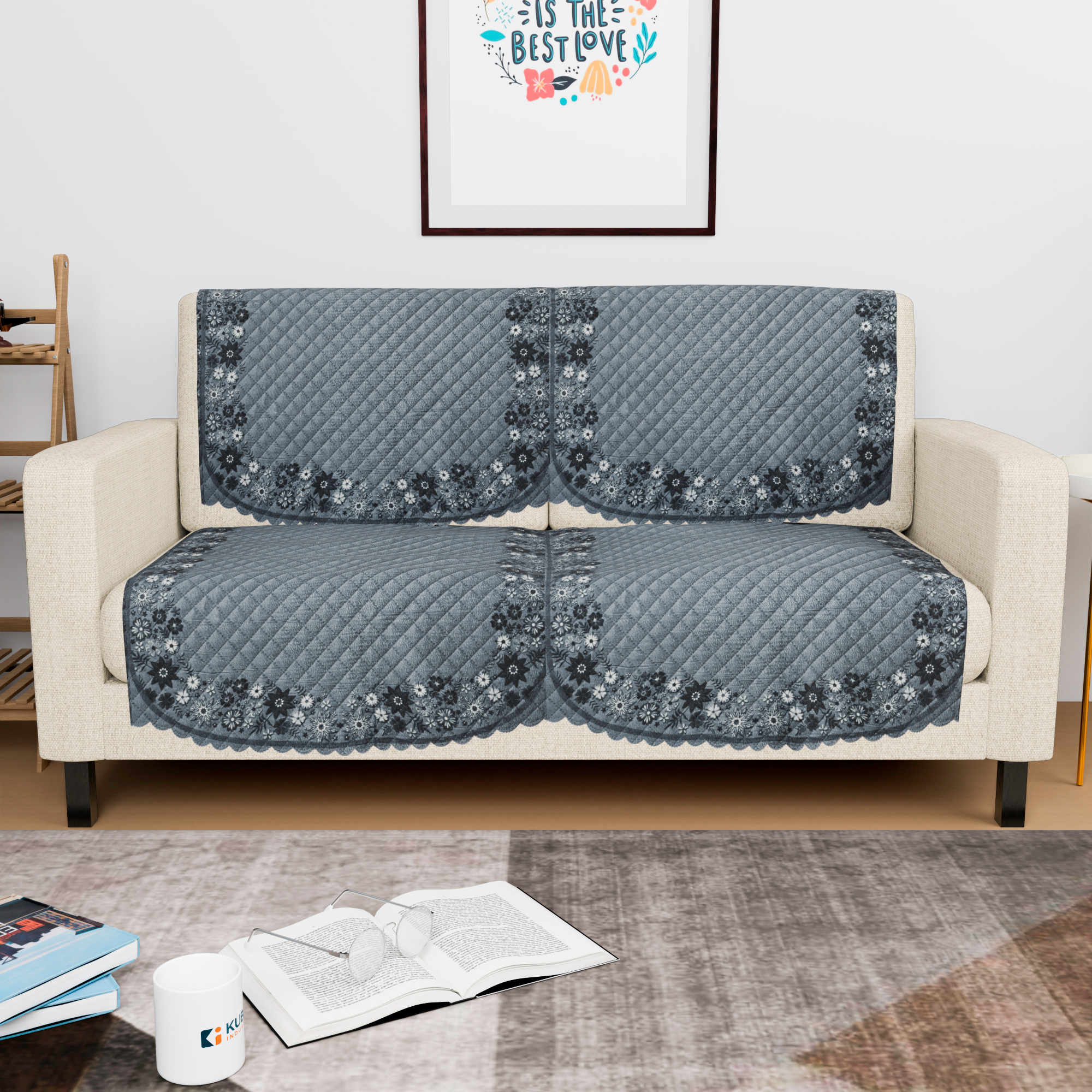 Kuber Industries 2 Seater Sofa Set Cover  Sofa Slipcover Protector for Home Living Room Hall  Office Couch  Quilted Border Paiting - Grey