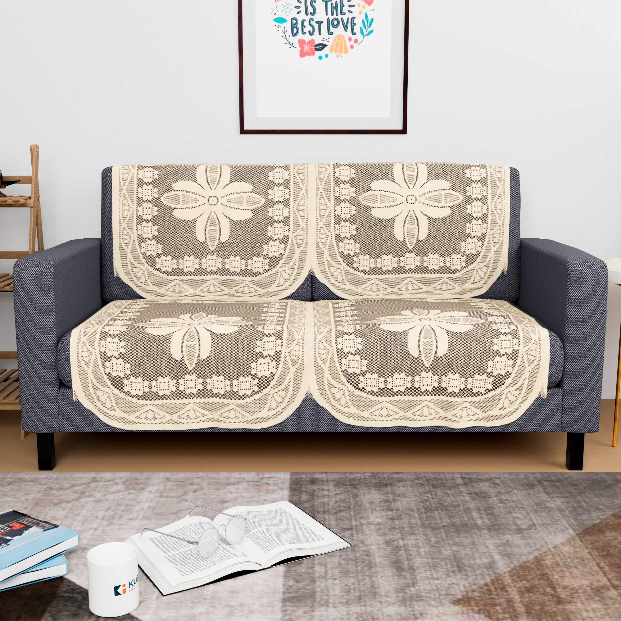 Kuber Industries 2 Seater Sofa Set Cover  Sofa Slipcover Protector for Home Living Room Hall  Office Couch  Net Croshia - Cream