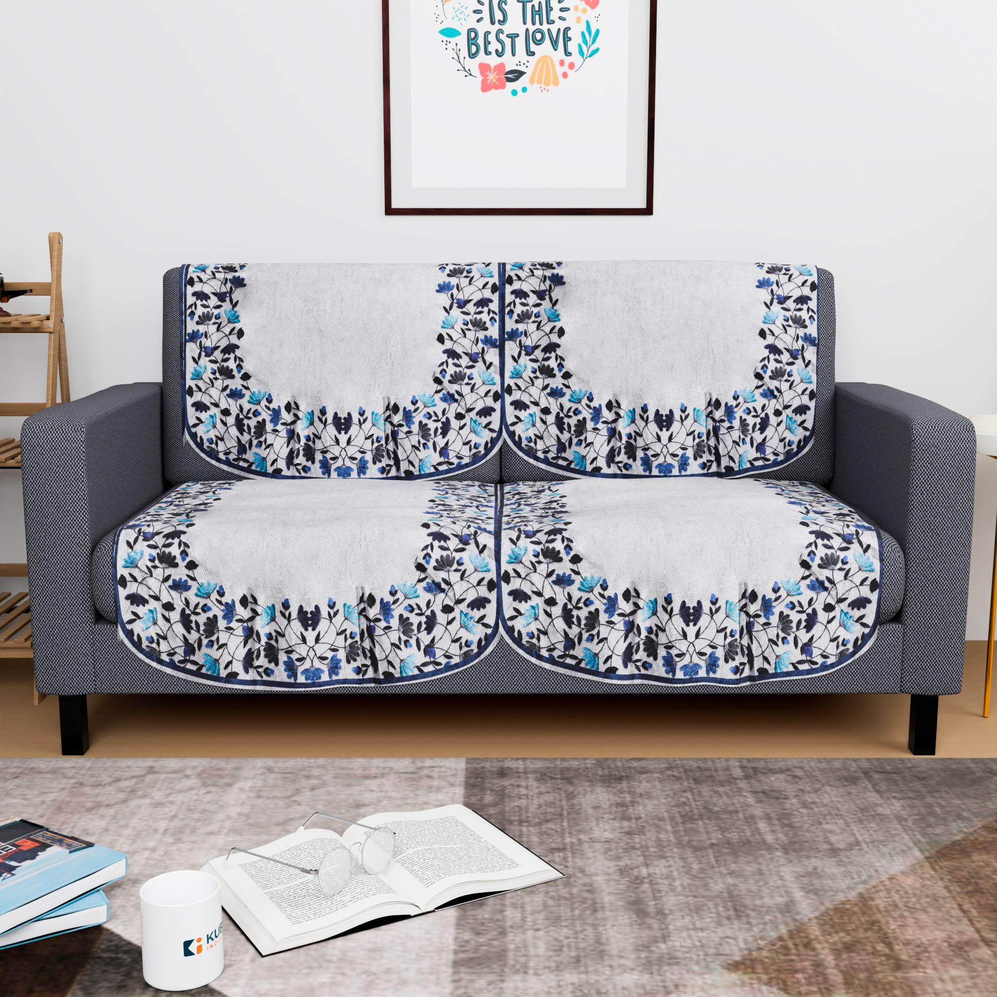 Kuber Industries 2 Seater Sofa Set Cover  Sofa Slipcover Protector for Home Living Room Hall  Office Couch  Digital Leaf -Blue  Grey