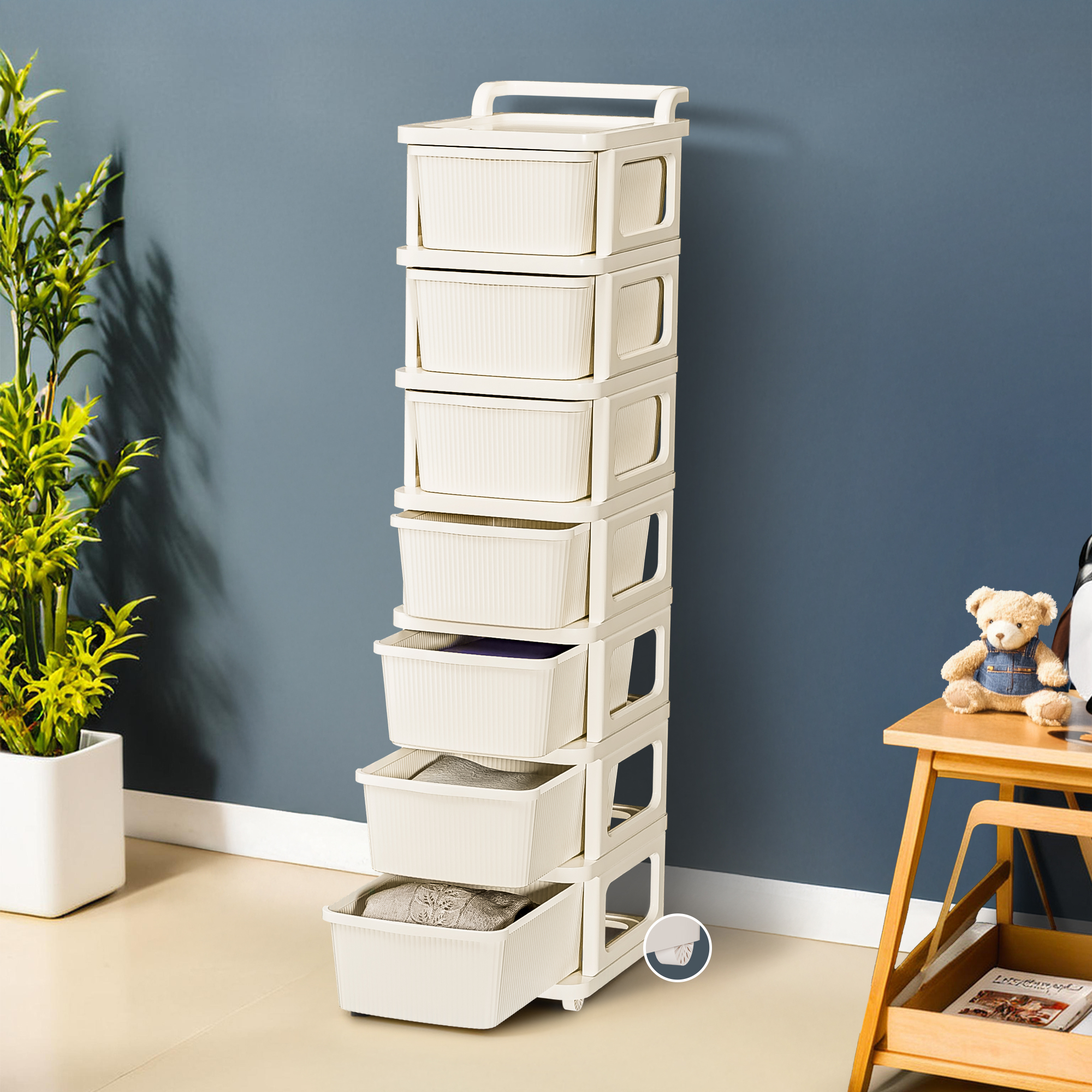 Kuber Industries 2 Layer Heavy Duty Plastic Storage Drawer with Wheels  Modular Cabinet for Bedroom Office Home  Chest of Drawers Organiser for Cosmetics Kitchen items Toys Storage  Ivory
