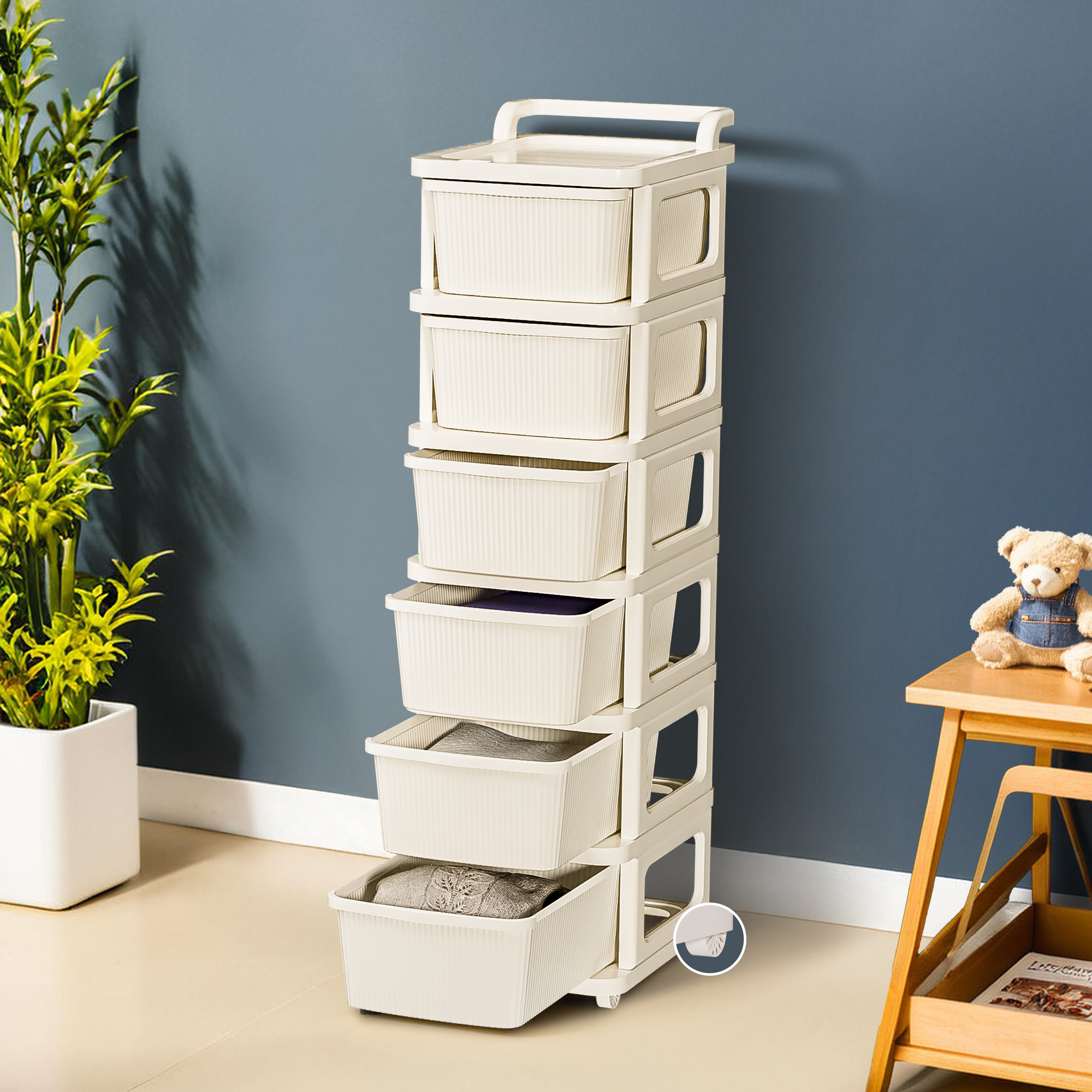 Kuber Industries 2 Layer Heavy Duty Plastic Storage Drawer with Wheels  Modular Cabinet for Bedroom Office Home  Chest of Drawers Organiser for Cosmetics Kitchen items Toys Storage  Ivory