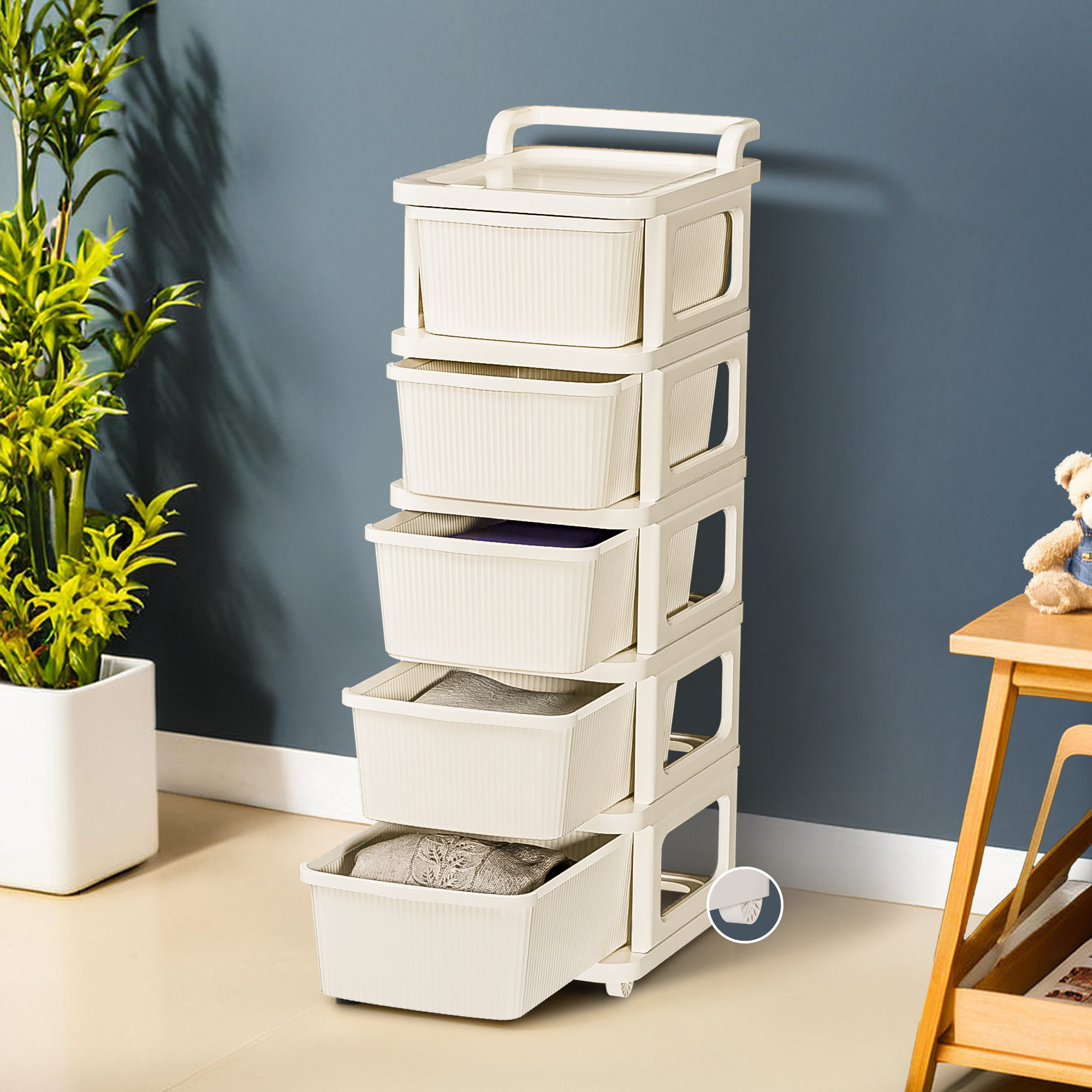 Kuber Industries 2 Layer Heavy Duty Plastic Storage Drawer with Wheels  Modular Cabinet for Bedroom Office Home  Chest of Drawers Organiser for Cosmetics Kitchen items Toys Storage  Ivory