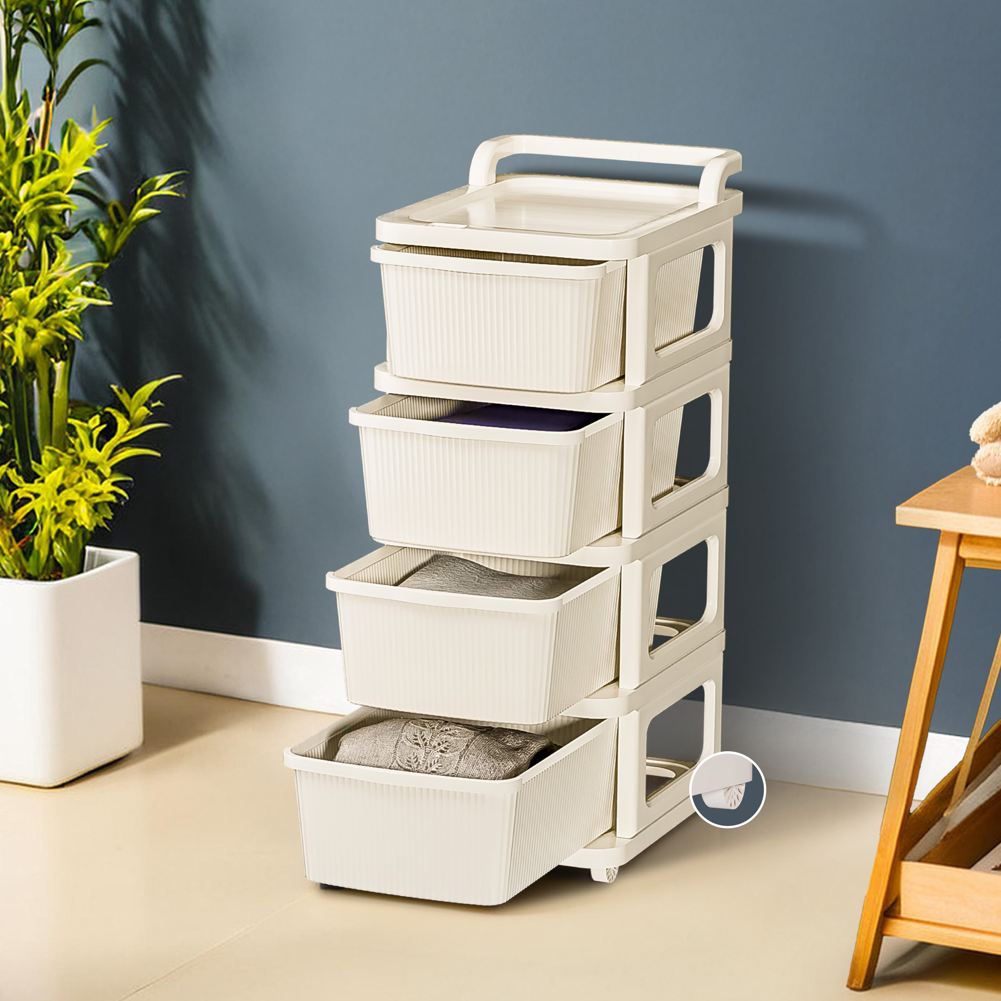 Kuber Industries 2 Layer Heavy Duty Plastic Storage Drawer with Wheels  Modular Cabinet for Bedroom Office Home  Chest of Drawers Organiser for Cosmetics Kitchen items Toys Storage  Ivory