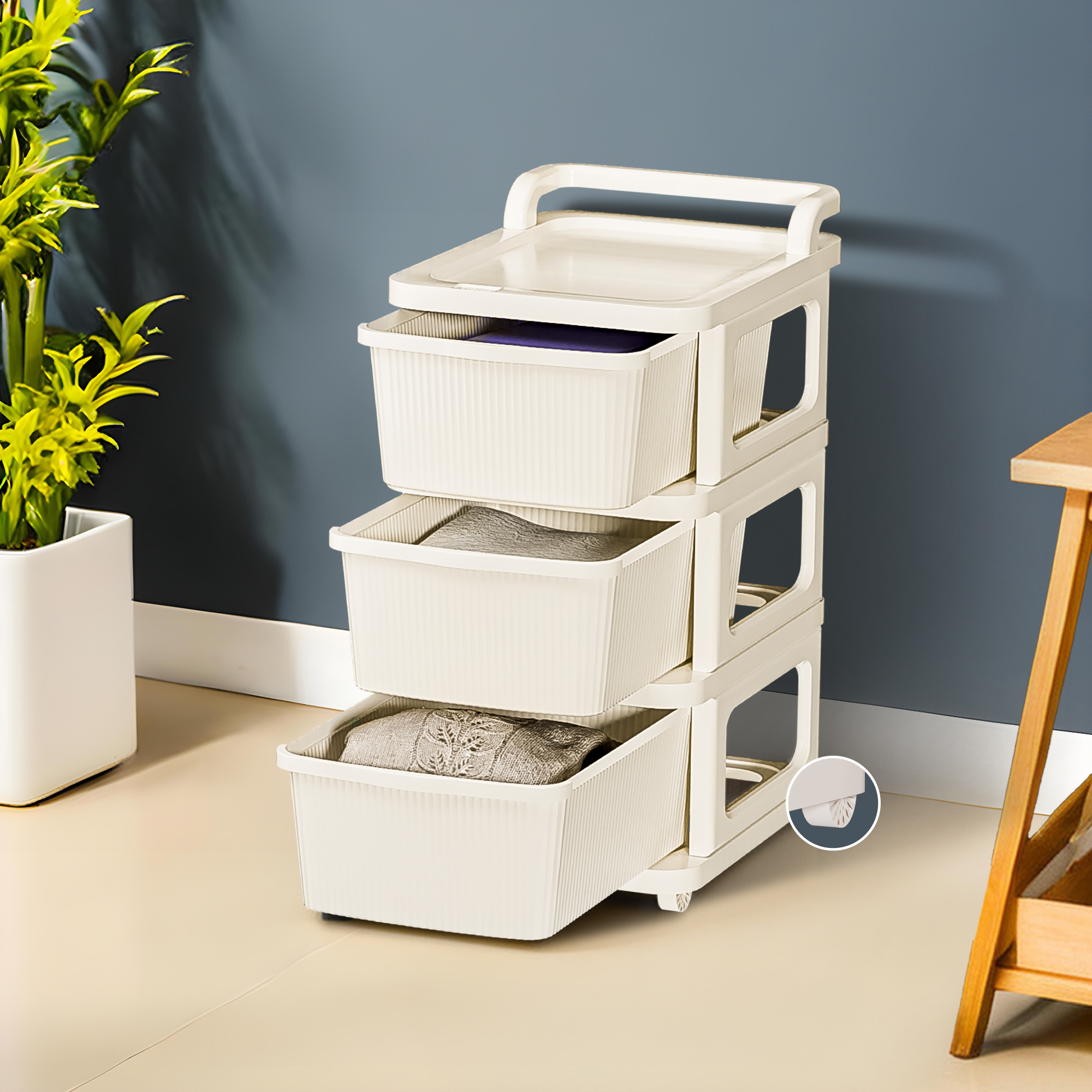 Kuber Industries 2 Layer Heavy Duty Plastic Storage Drawer with Wheels  Modular Cabinet for Bedroom Office Home  Chest of Drawers Organiser for Cosmetics Kitchen items Toys Storage  Ivory