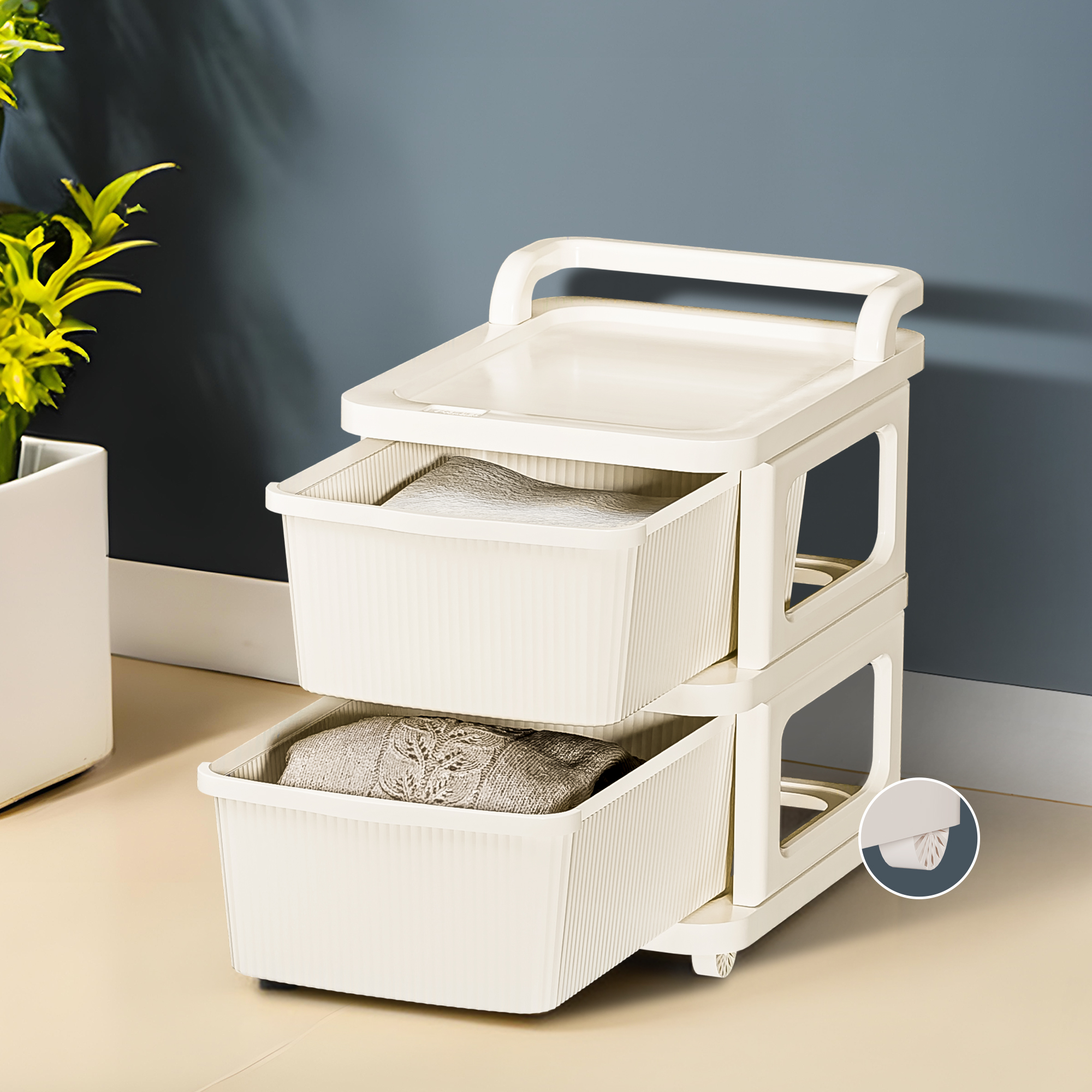 Kuber Industries 2 Layer Heavy Duty Plastic Storage Drawer with Wheels  Modular Cabinet for Bedroom Office Home  Chest of Drawers Organiser for Cosmetics Kitchen items Toys Storage  Ivory