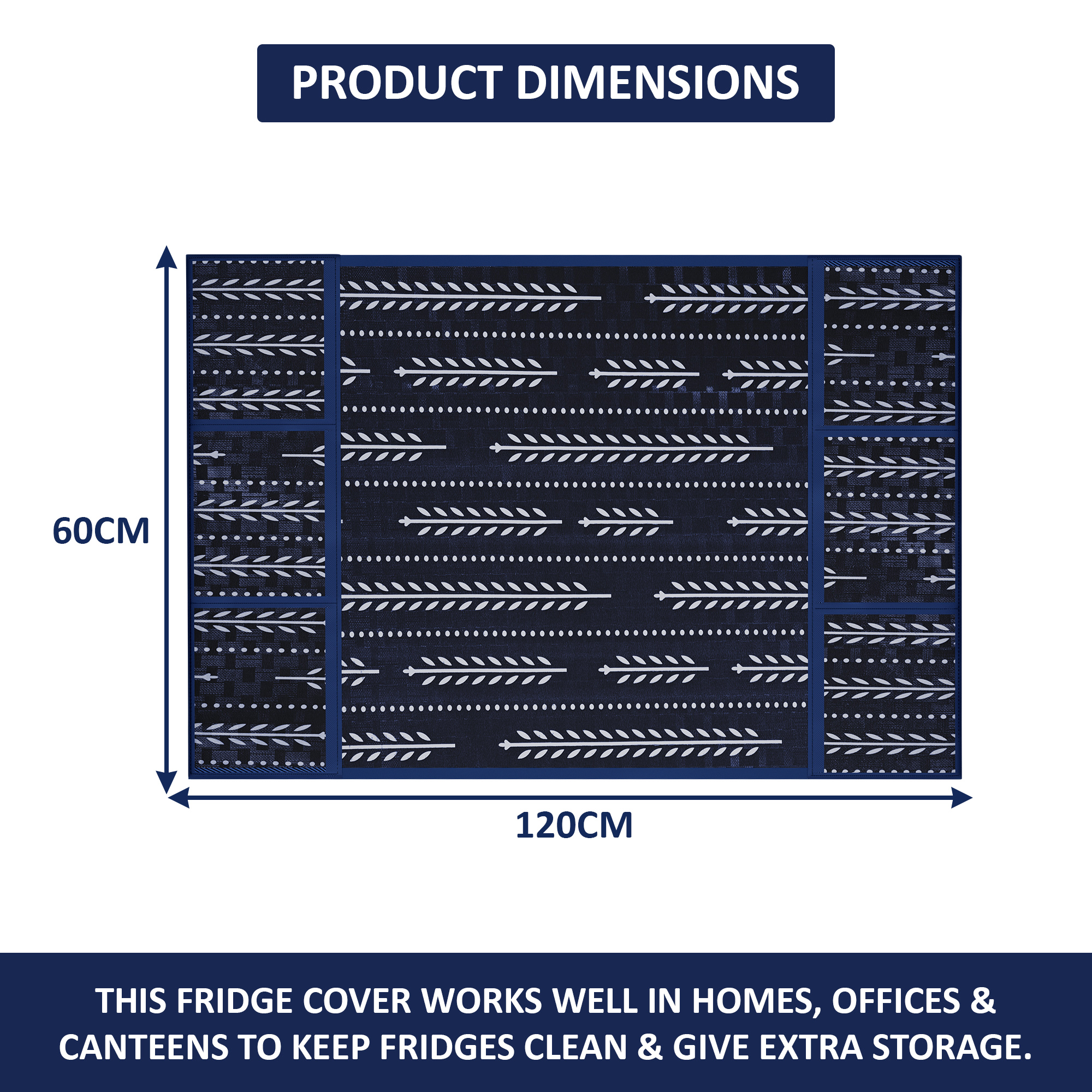 Kuber Industries XL Waterproof  Dustproof Refrigerator Cover with 6 Storage Pockets  Easy to Clean Double Door Fridge Cover  Organizer for Home  Lining Leaf - Navy Blue