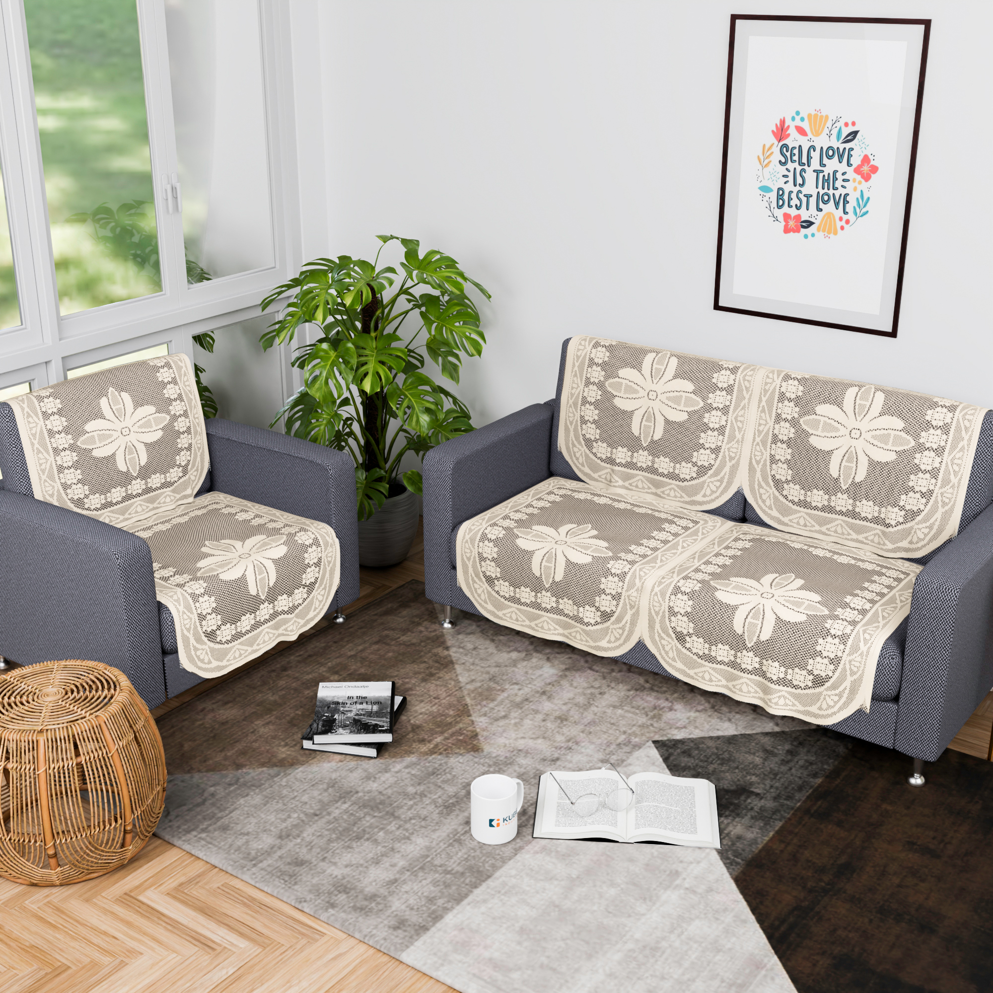 Kuber Industries 2 Seater Sofa Set Cover  Sofa Slipcover Protector for Home Living Room Hall  Office Couch  Net Croshia - Cream
