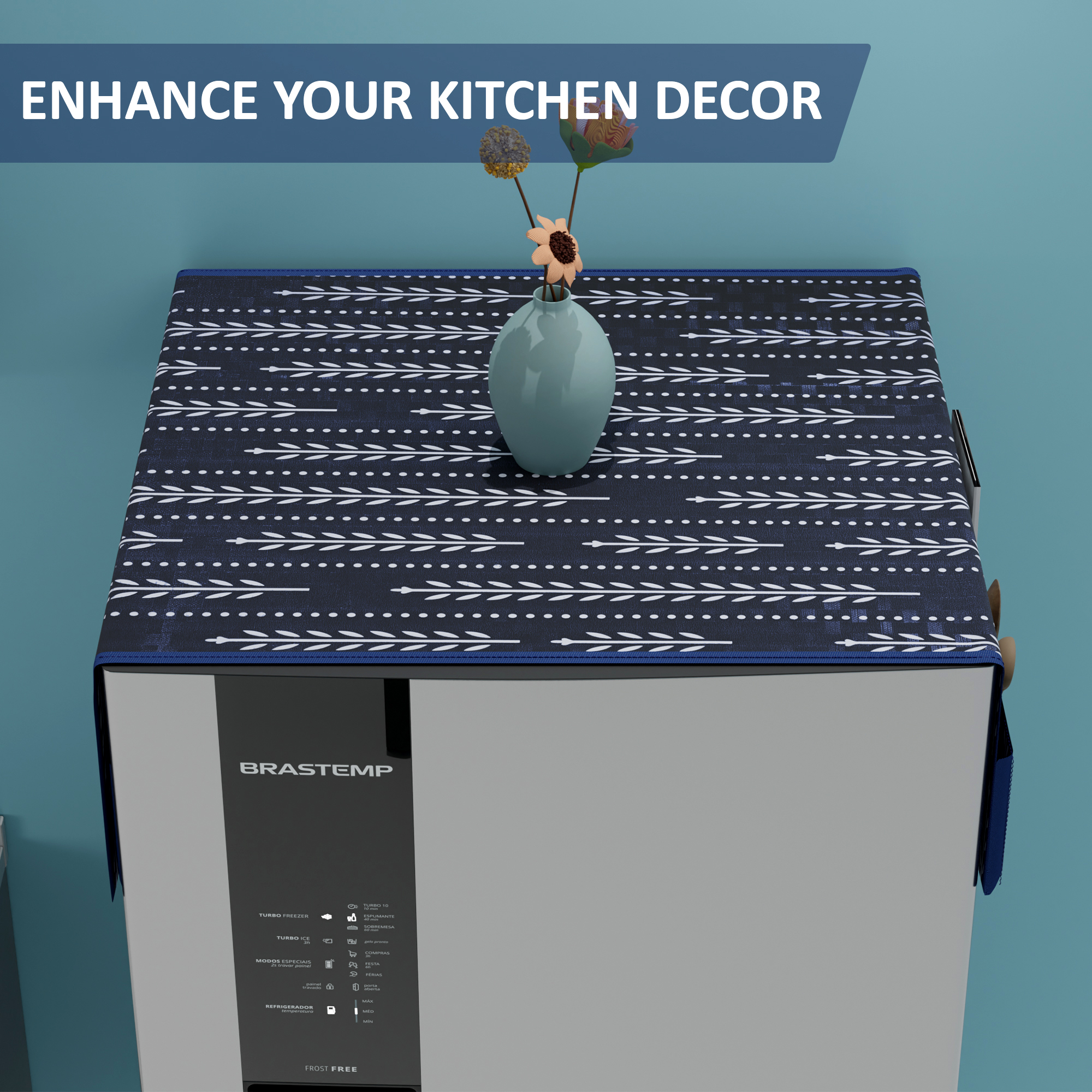Kuber Industries Waterproof  Dustproof Refrigerator Cover with 6 Storage Pockets  Easy to Clean Fridge Cover Top Organizer for Home Canteen  Office  Lining Leaf - Navy Blue