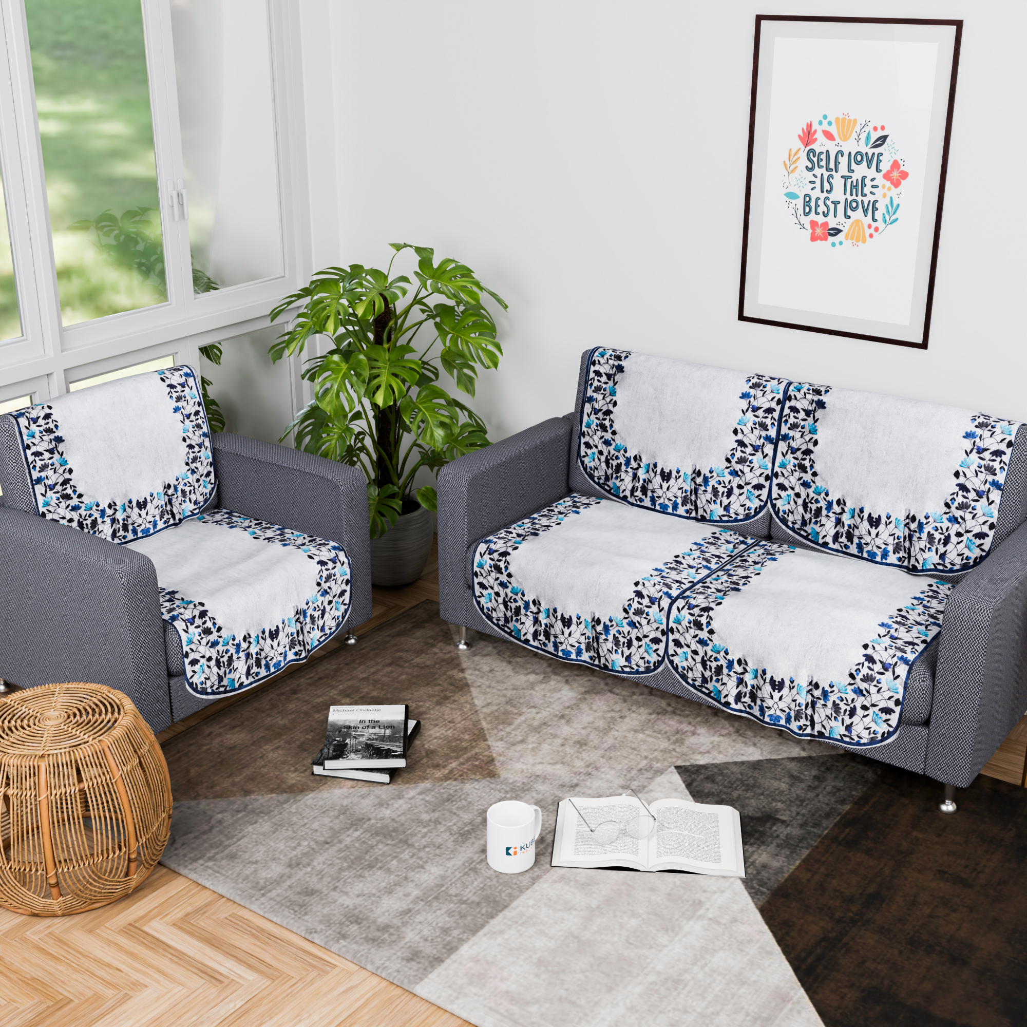 Kuber Industries 2 Seater Sofa Set Cover  Sofa Slipcover Protector for Home Living Room Hall  Office Couch  Digital Leaf -Blue  Grey