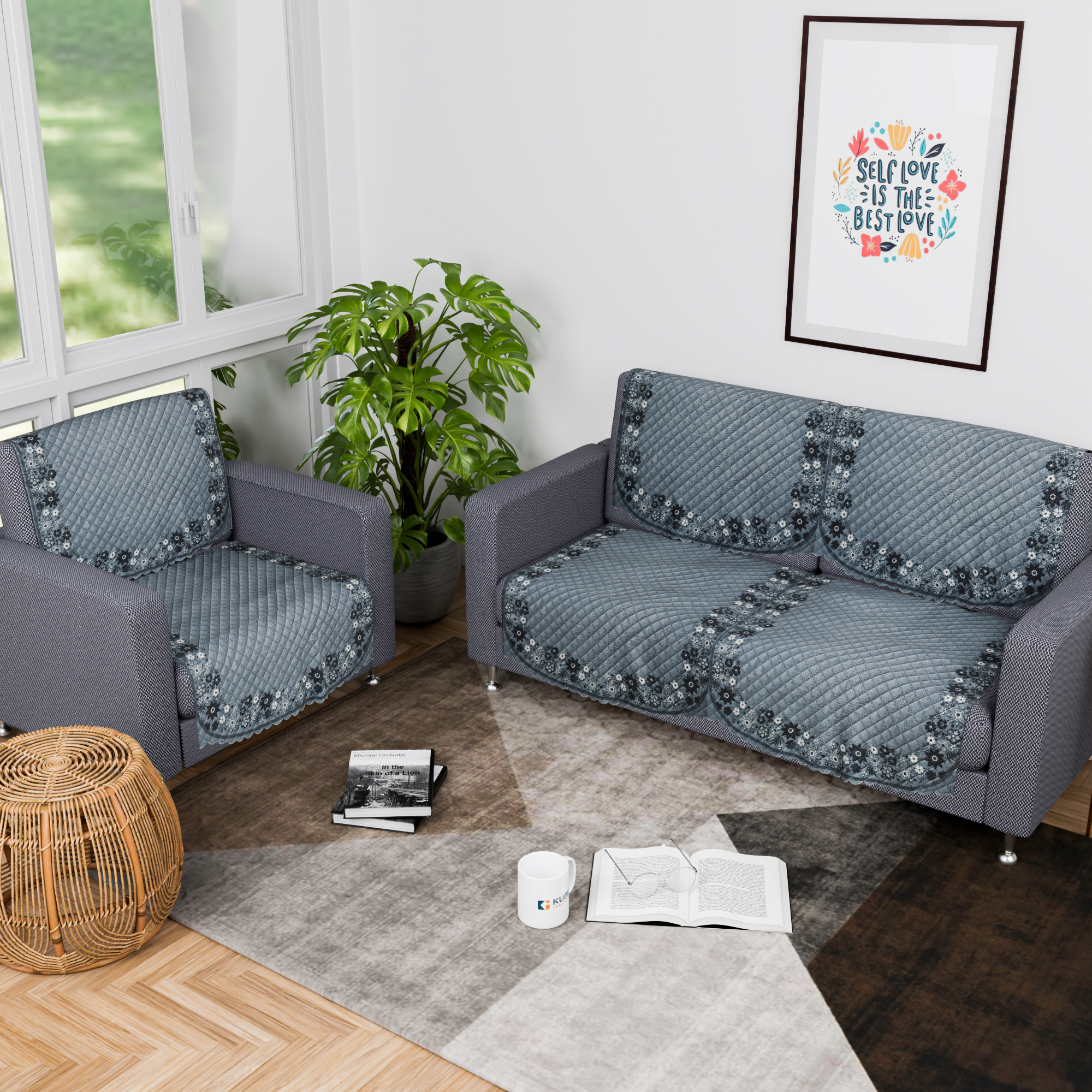 Kuber Industries 2 Seater Sofa Set Cover  Sofa Slipcover Protector for Home Living Room Hall  Office Couch  Quilted Border Paiting - Grey
