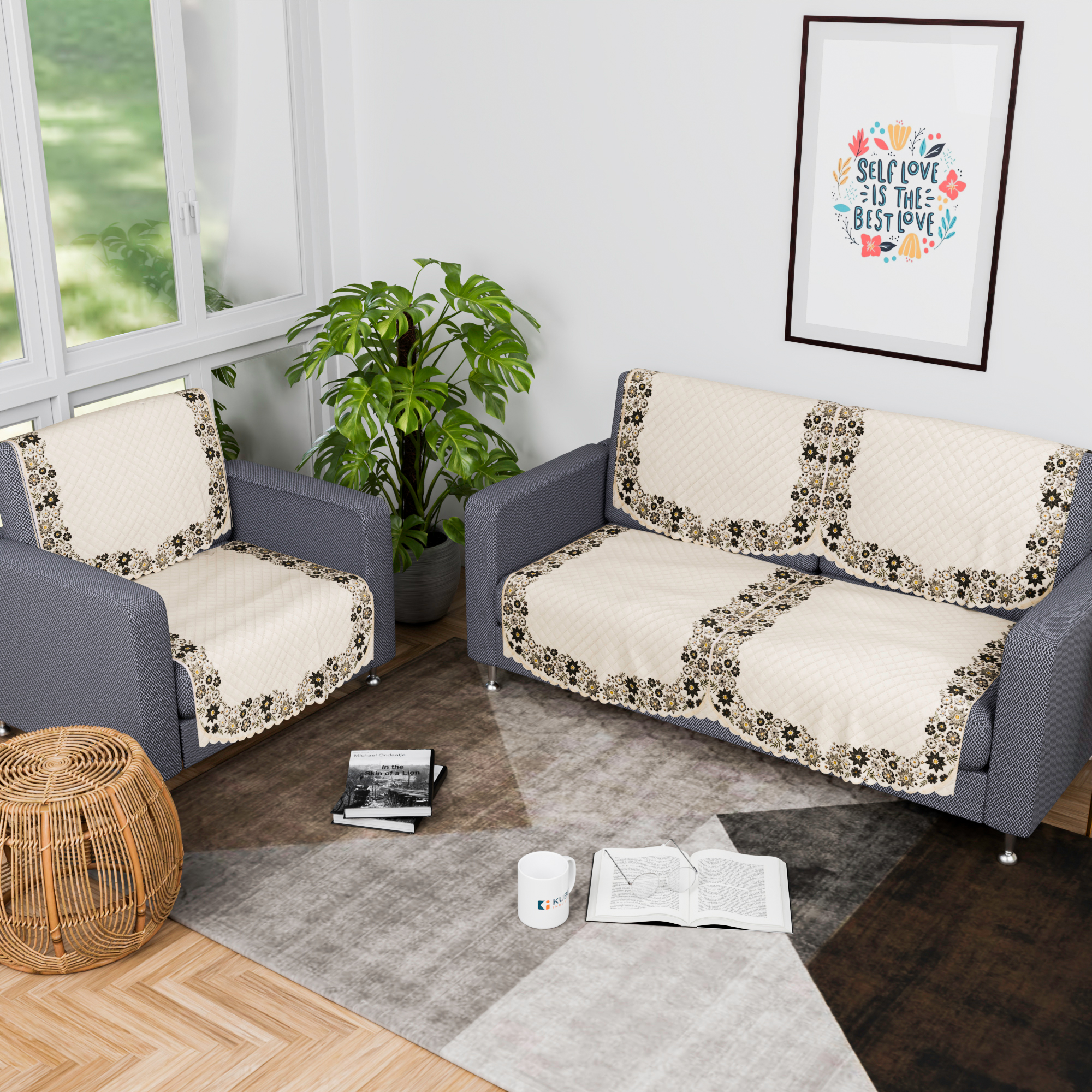 Kuber Industries 2 Seater Sofa Set Cover  Sofa Slipcover Protector for Home Living Room Hall  Office Couch  Quilted Border Paiting - Cream