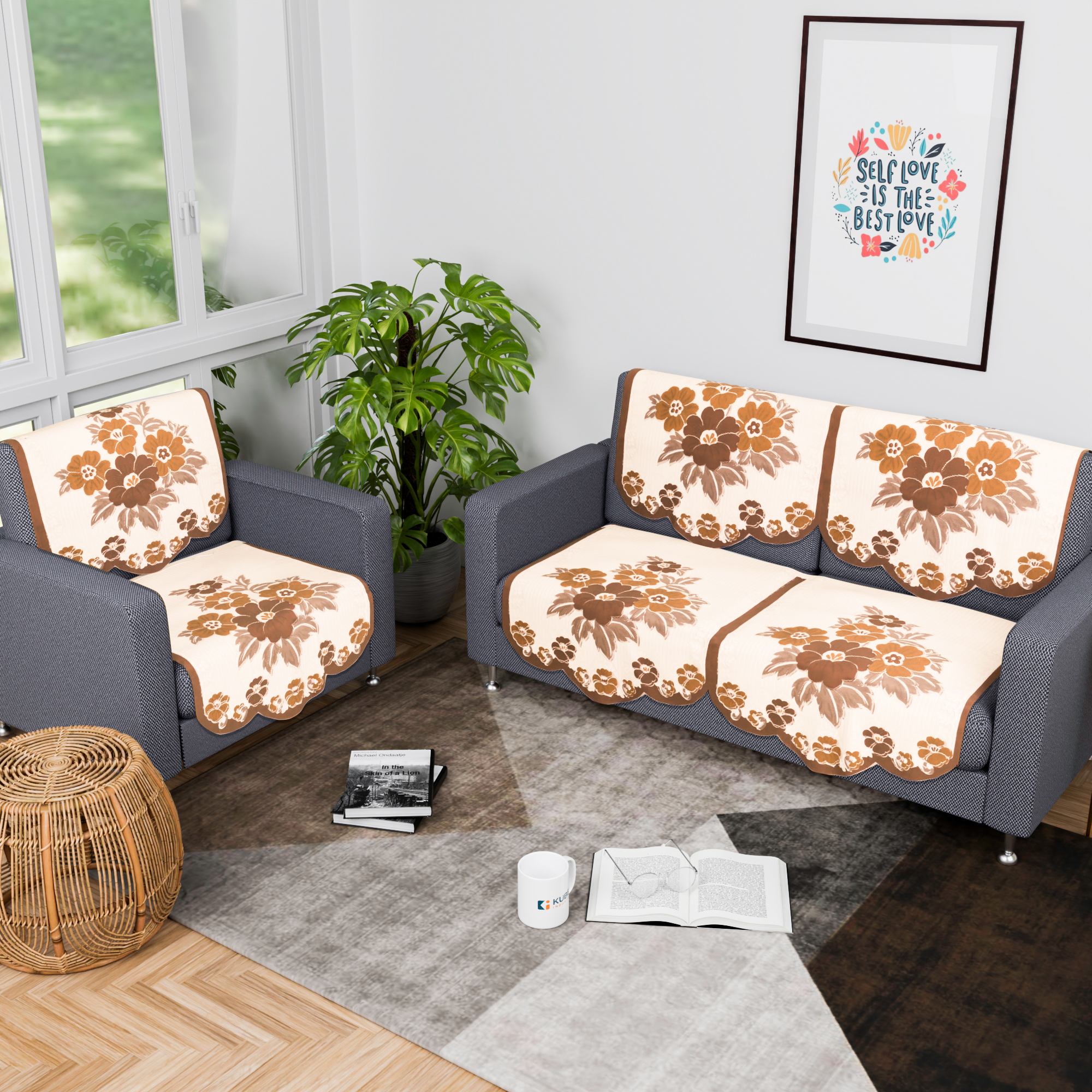 Kuber Industries 2 Seater Sofa Set Cover  Sofa Slipcover Protector for Home Living Room Hall  Office Couch  Painting- Cream  Brown