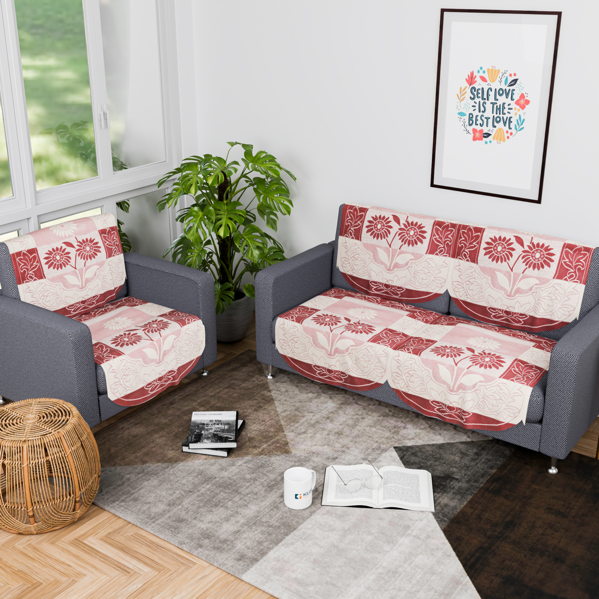 Kuber Industries 2 Seater Sofa Set Cover  Sofa Slipcover Protector for Home Living Room Hall  Office Couch  Flower Strips- Red  Cream