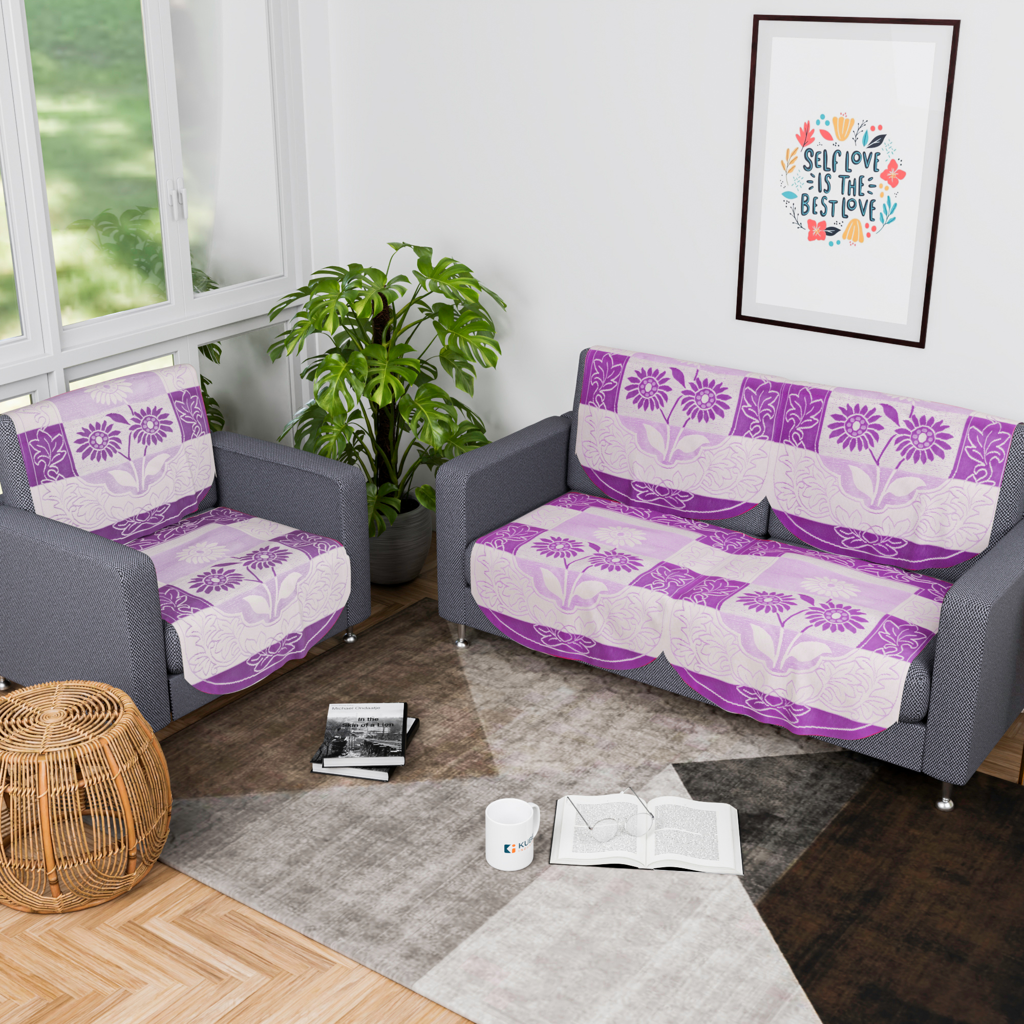 Kuber Industries 2 Seater Sofa Set Cover  Sofa Slipcover Protector for Home Living Room Hall  Office Couch  Flower Strips- Purple
