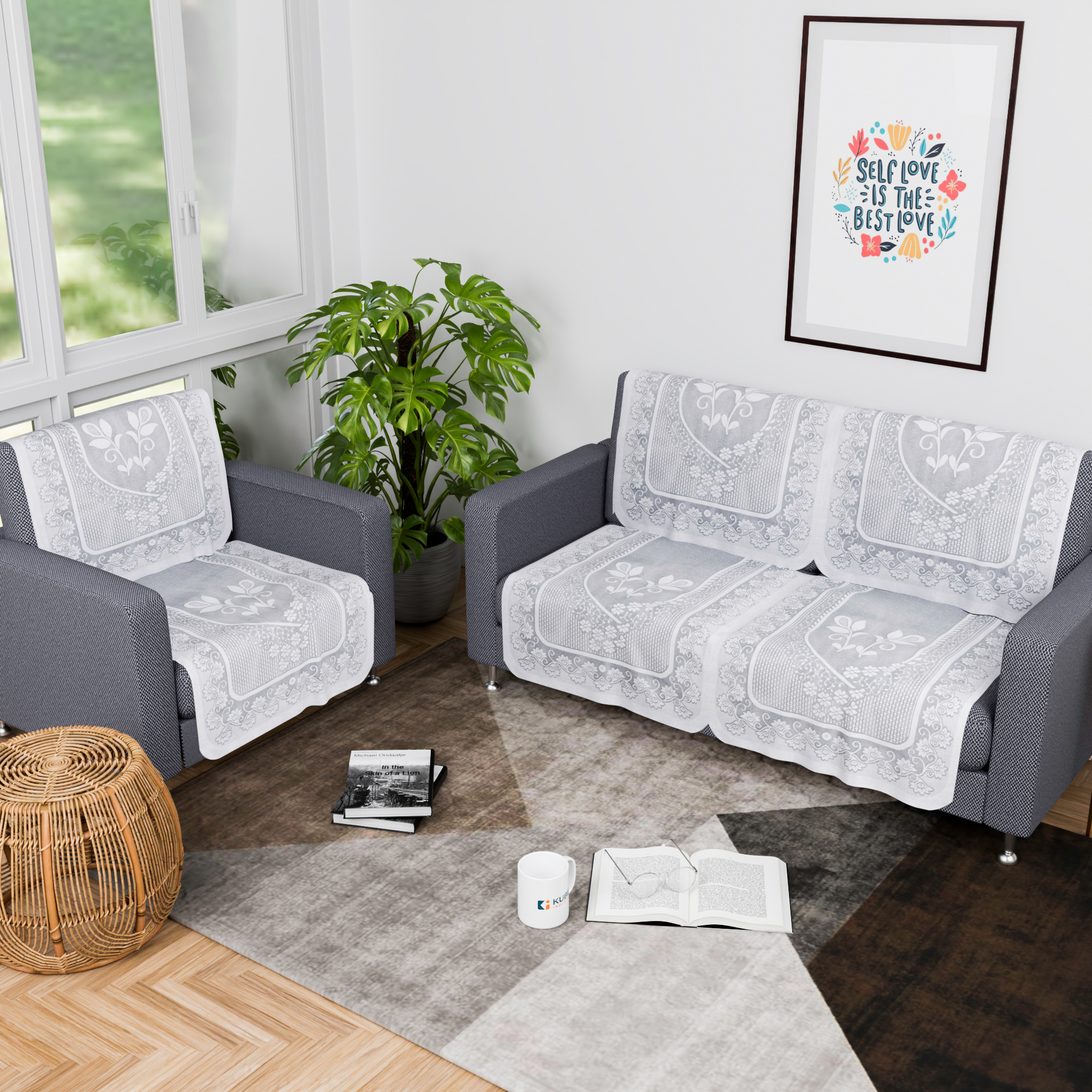 Kuber Industries 2 Seater Sofa Set Cover  Sofa Slipcover Protector for Home Living Room Hall  Office Couch  Net S19 Flower- Grey
