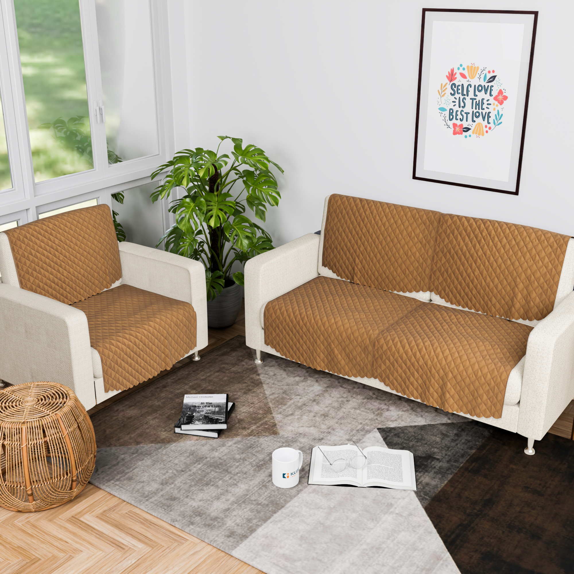 Kuber Industries 2 Seater Sofa Set Cover  Sofa Slipcover Protector for Home Living Room Hall  Office Couch  Quilted Brown