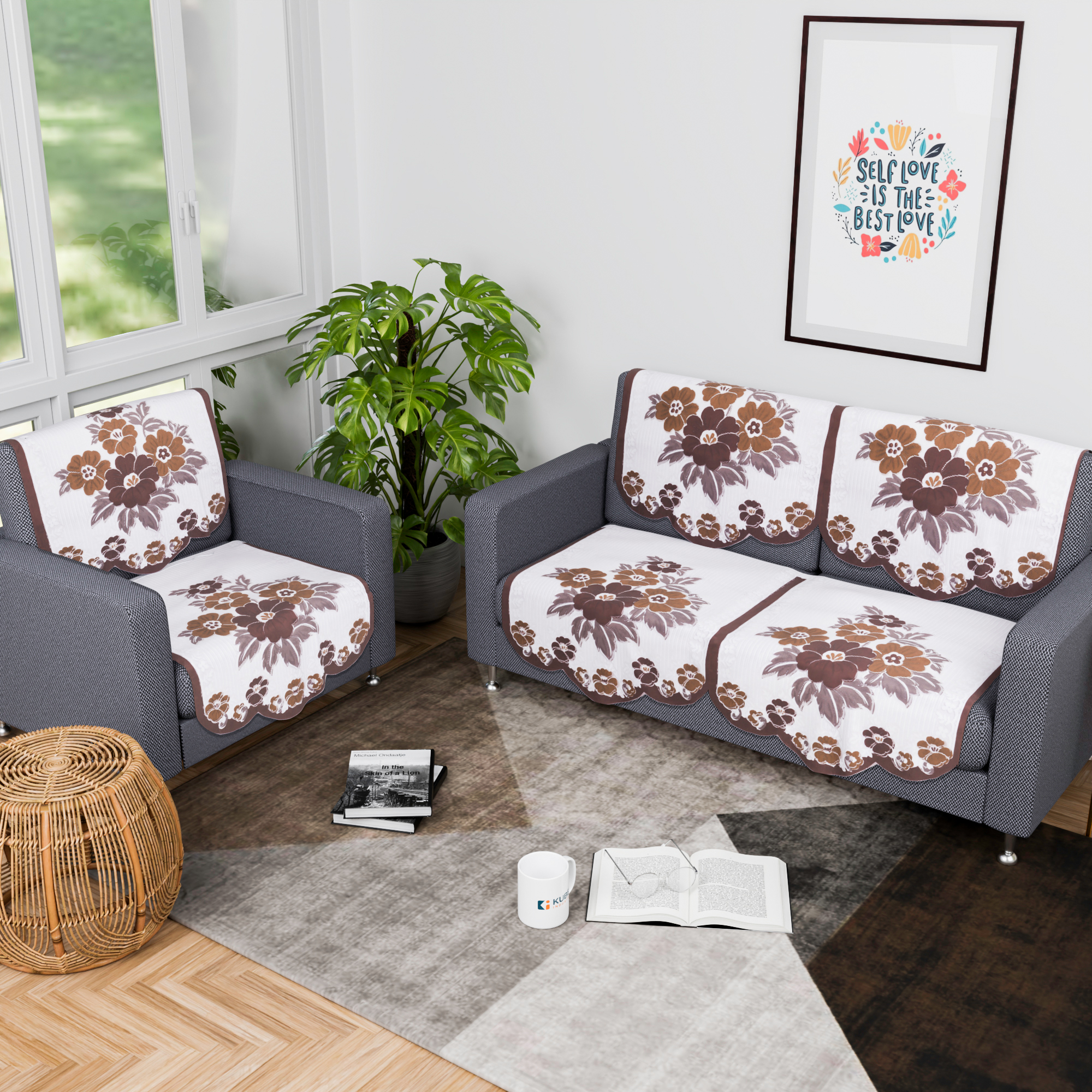 Kuber Industries 2 Seater Sofa Set Cover  Sofa Slipcover Protector for Home Living Room Hall  Office Couch  Painting- White  Brown