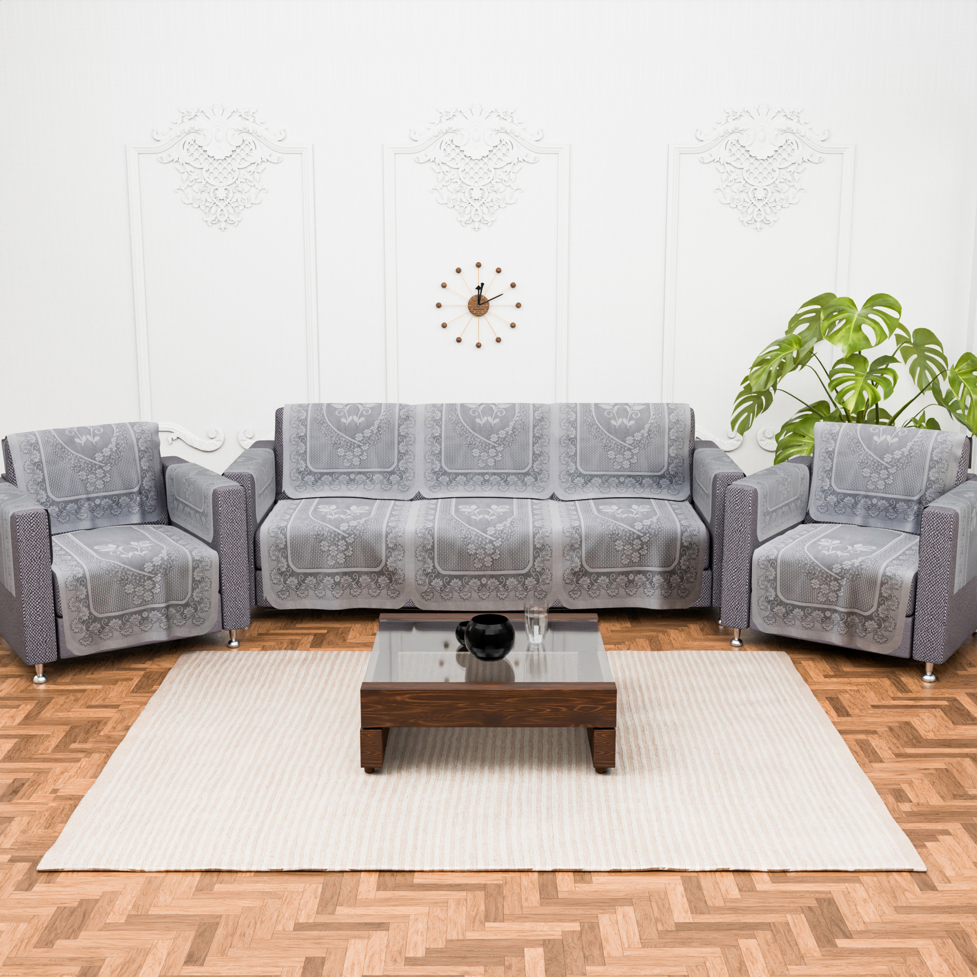 Kuber Industries 2 Seater Sofa Set Cover  Sofa Slipcover Protector for Home Living Room Hall  Office Couch  Net S19 Flower- Grey