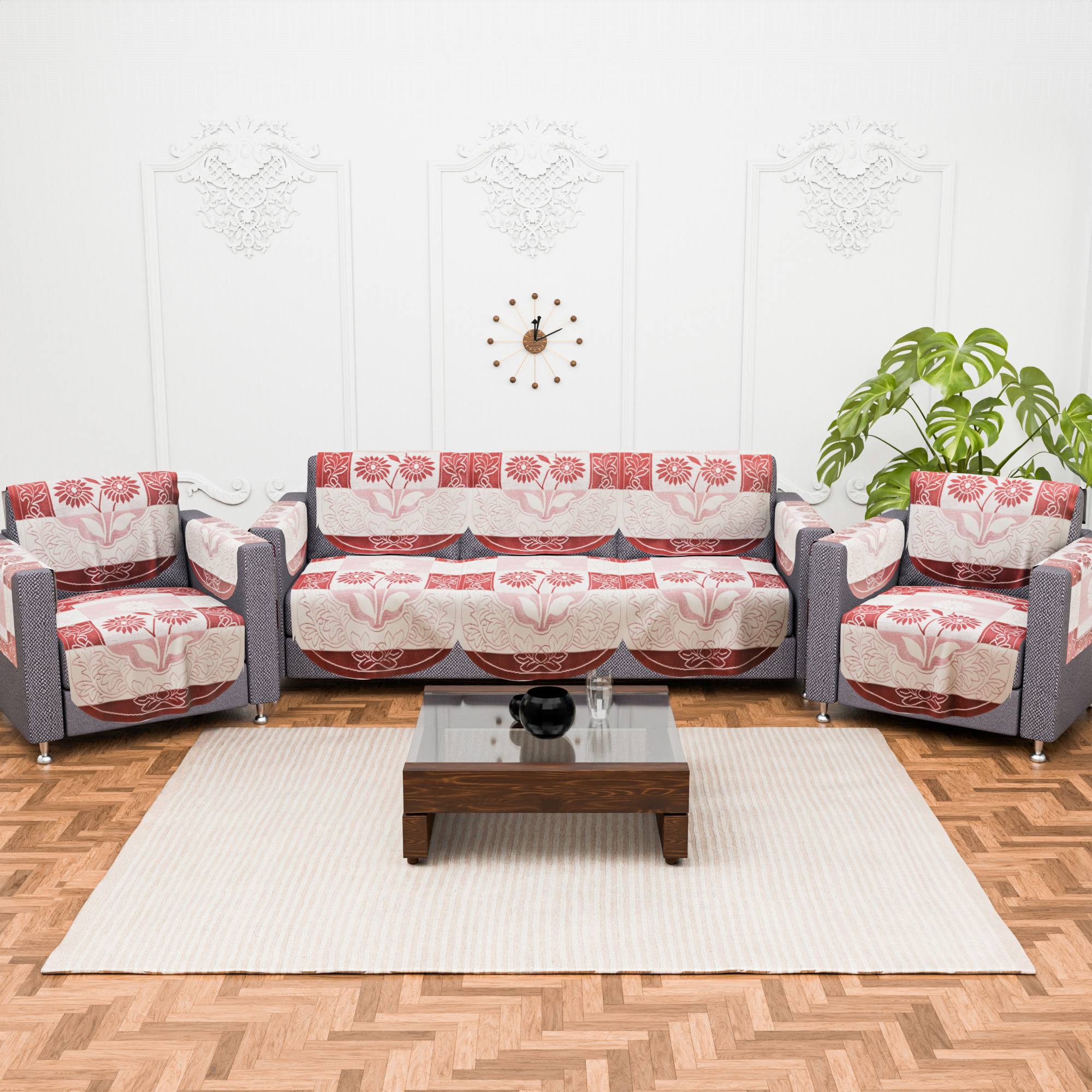 Kuber Industries 2 Seater Sofa Set Cover  Sofa Slipcover Protector for Home Living Room Hall  Office Couch  Flower Strips- Red  Cream