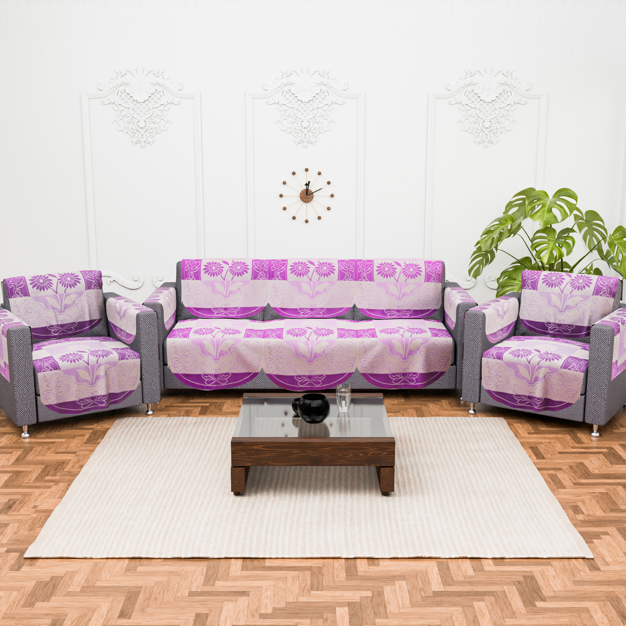 Kuber Industries 2 Seater Sofa Set Cover  Sofa Slipcover Protector for Home Living Room Hall  Office Couch  Flower Strips- Purple