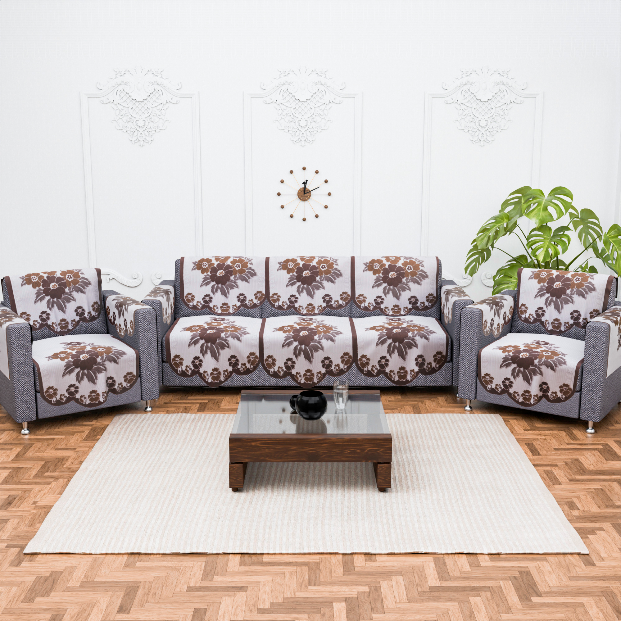 Kuber Industries 2 Seater Sofa Set Cover  Sofa Slipcover Protector for Home Living Room Hall  Office Couch  Painting- White  Brown
