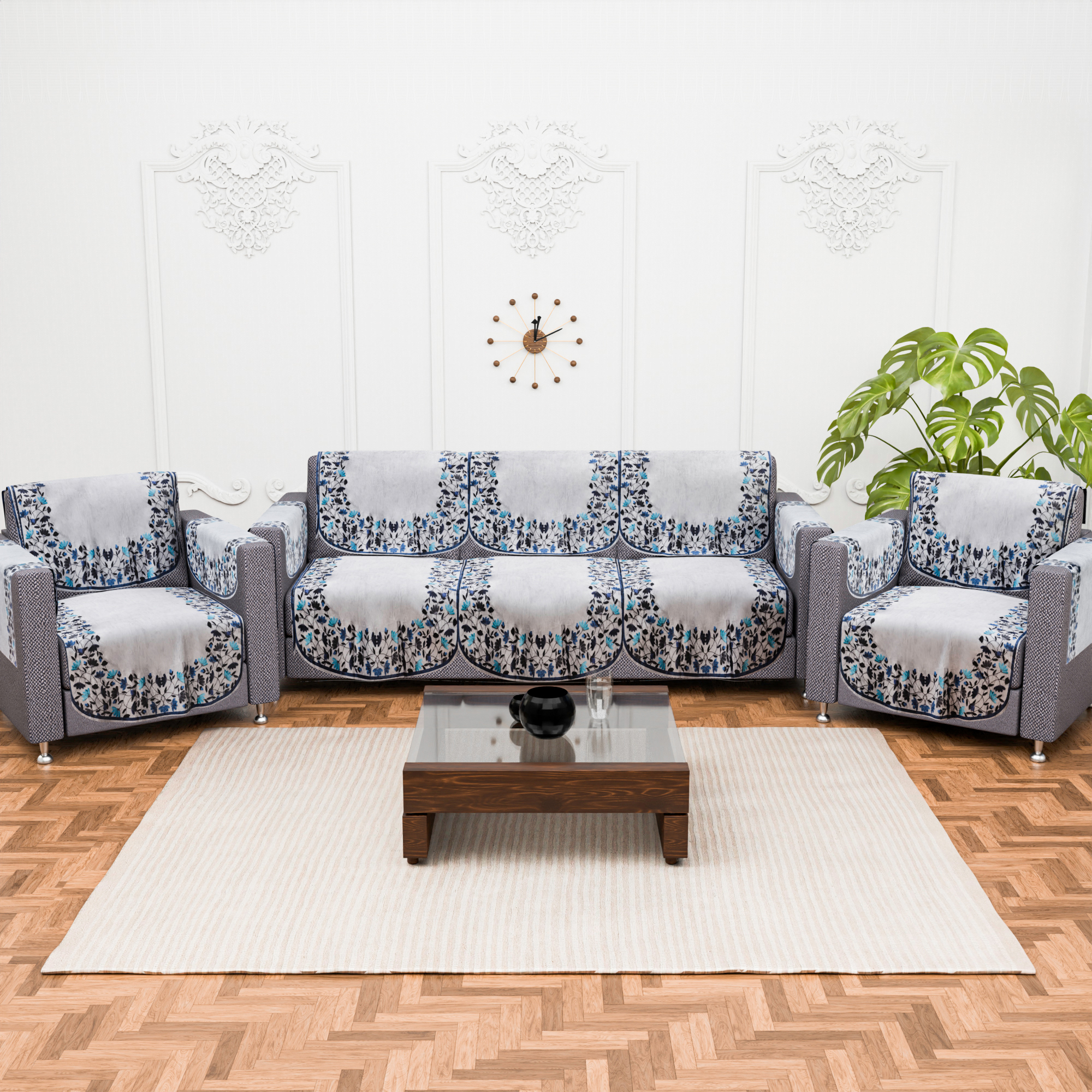 Kuber Industries 2 Seater Sofa Set Cover  Sofa Slipcover Protector for Home Living Room Hall  Office Couch  Digital Leaf -Blue  Grey