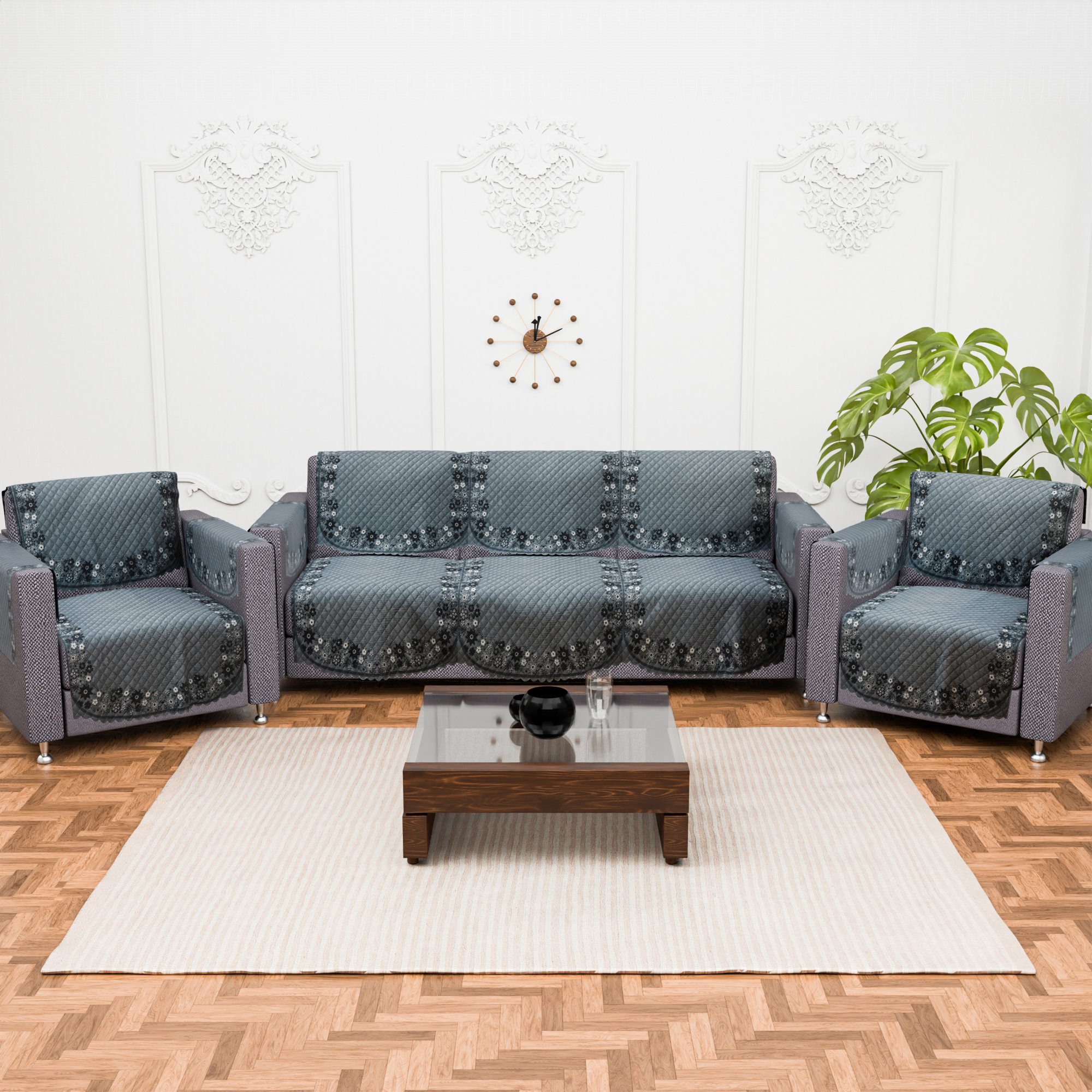 Kuber Industries 2 Seater Sofa Set Cover  Sofa Slipcover Protector for Home Living Room Hall  Office Couch  Quilted Border Paiting - Grey