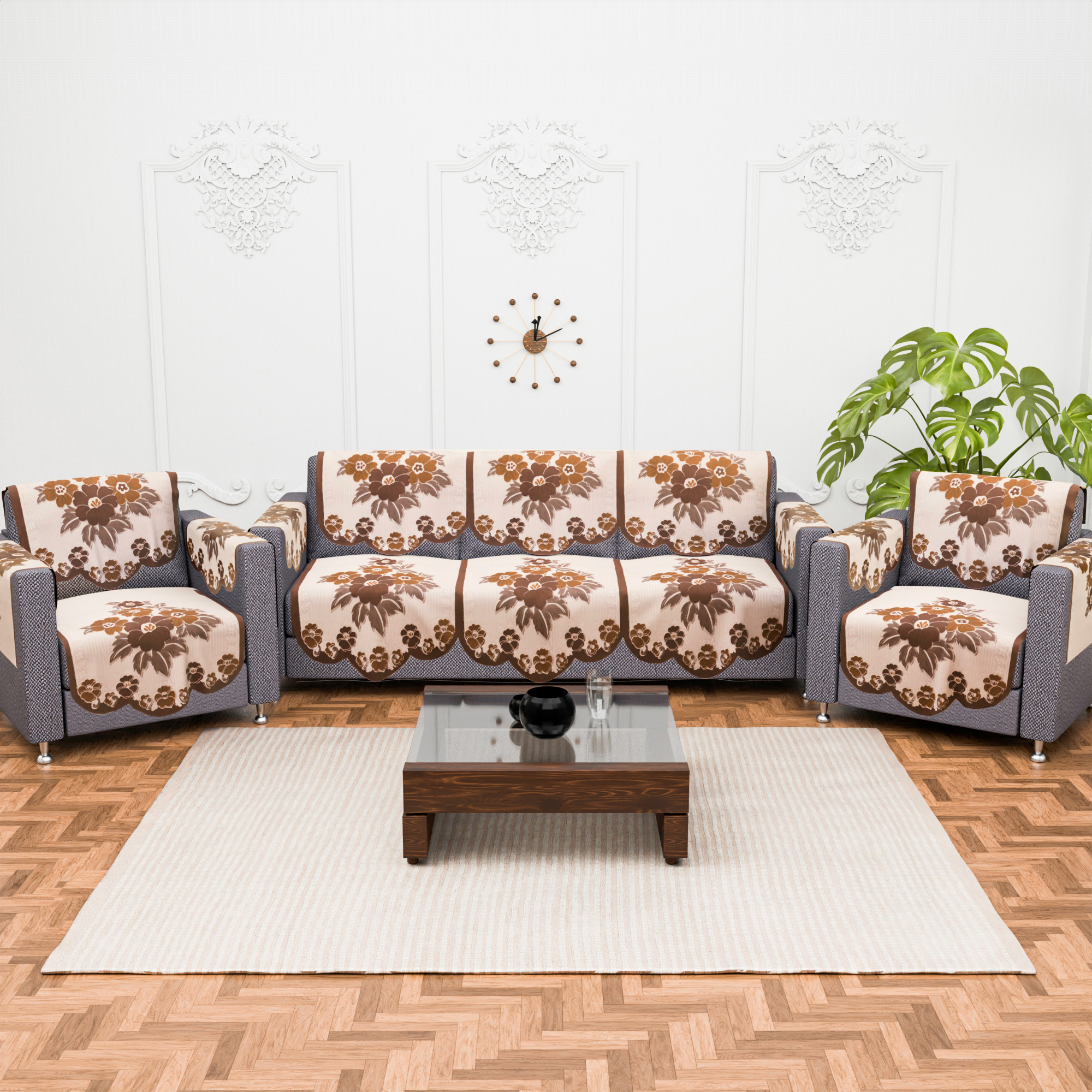 Kuber Industries 2 Seater Sofa Set Cover  Sofa Slipcover Protector for Home Living Room Hall  Office Couch  Painting- Cream  Brown
