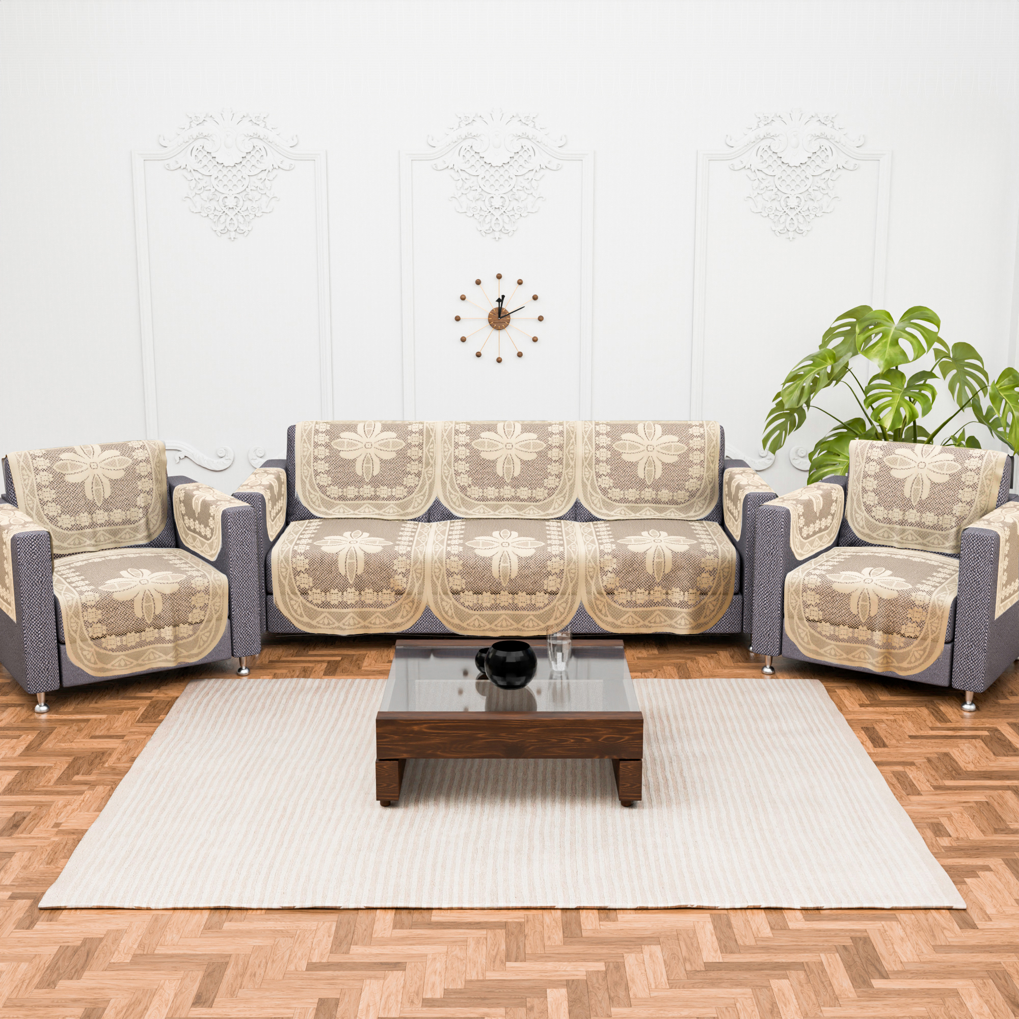 Kuber Industries 2 Seater Sofa Set Cover  Sofa Slipcover Protector for Home Living Room Hall  Office Couch  Net Croshia - Cream