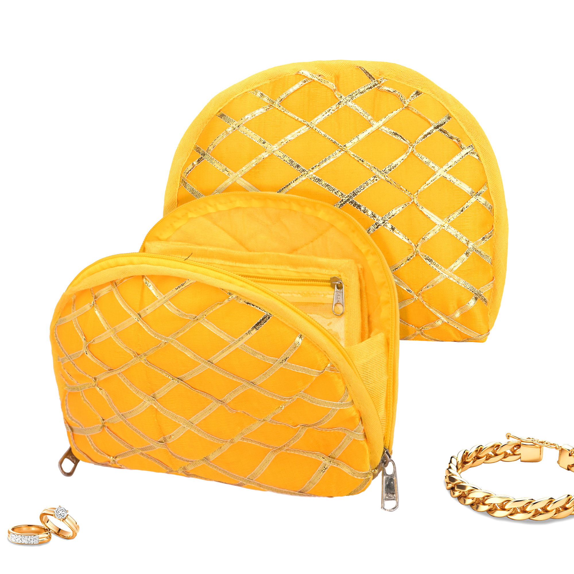 Kuber Industries Polyester Jewellery Kit with 4 Transparent Pouches  Foldable Jewellery Organisers Bag for Necklaces Rings Earrings  Bracelets  Check Gota D Print - Yellow