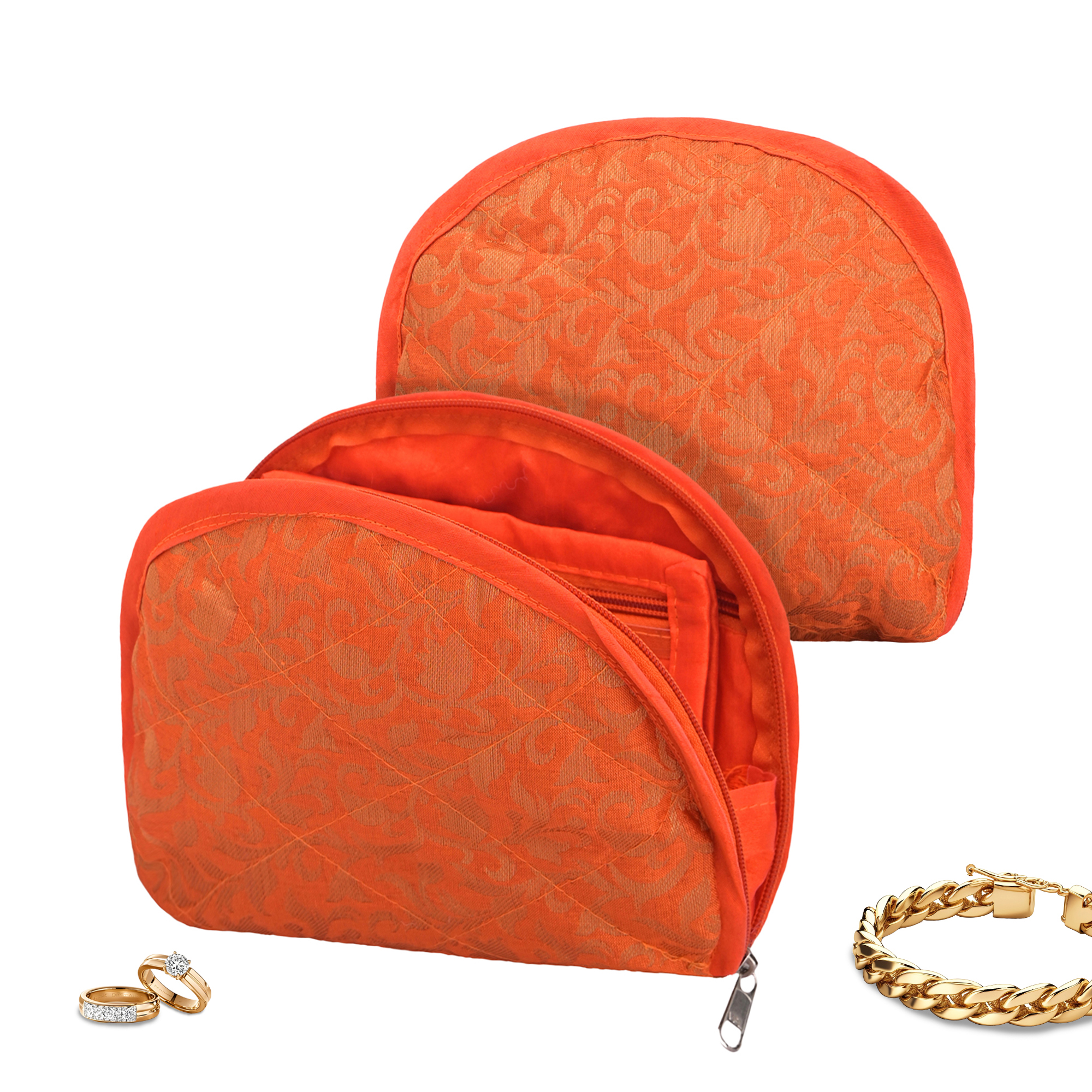 Kuber Industries Cotton Jewellery Kit with 4 Transparent Pouches  Foldable Jewellery Organisers Bag for Necklaces Rings Earrings  Bracelets  Jama D Print - Orange