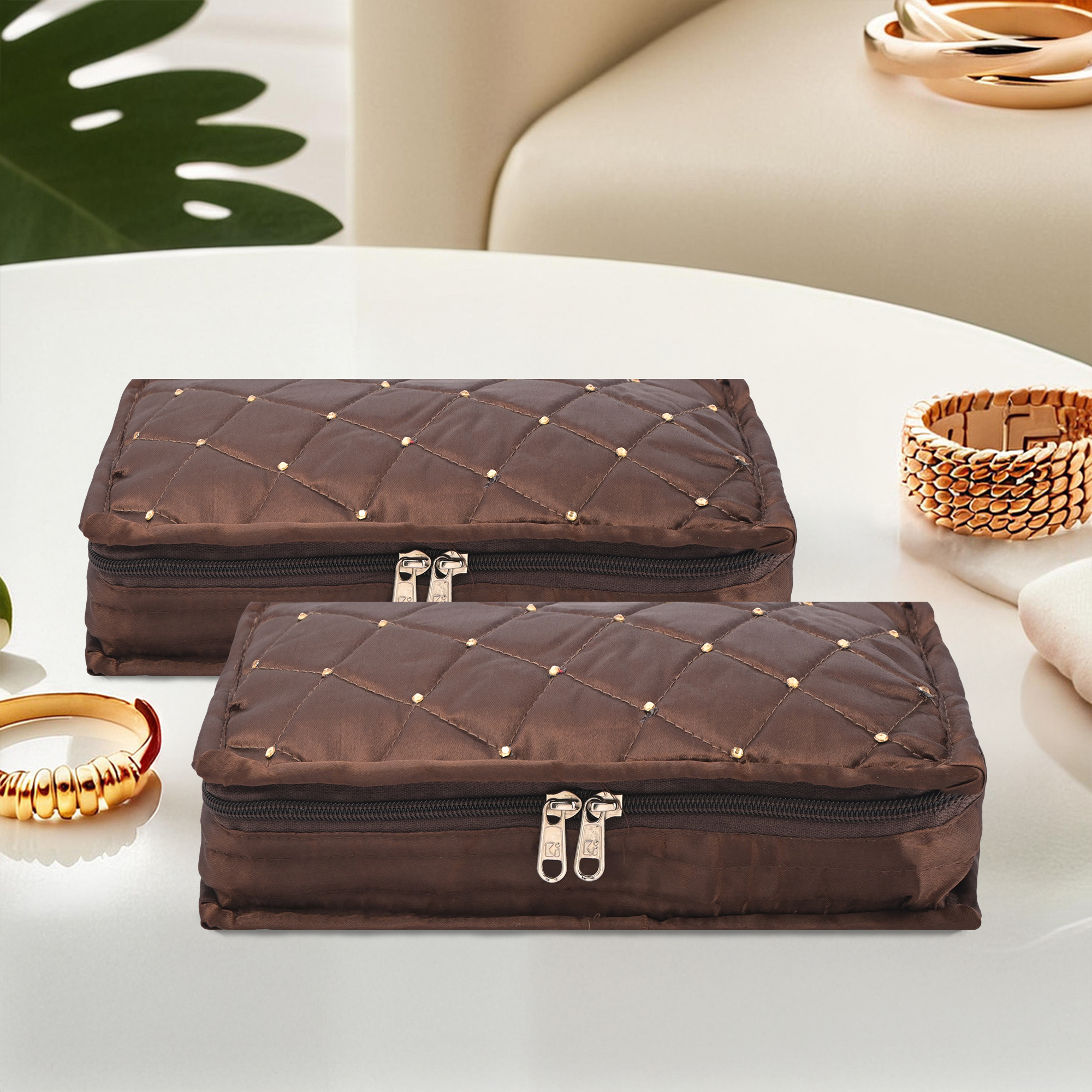 Kuber Industries Satin  Jewellery Kit with 6 Pouches  Foldable Jewellery Organisers Bag for Necklaces Rings Earrings  Bracelets  Moti Design - Brown