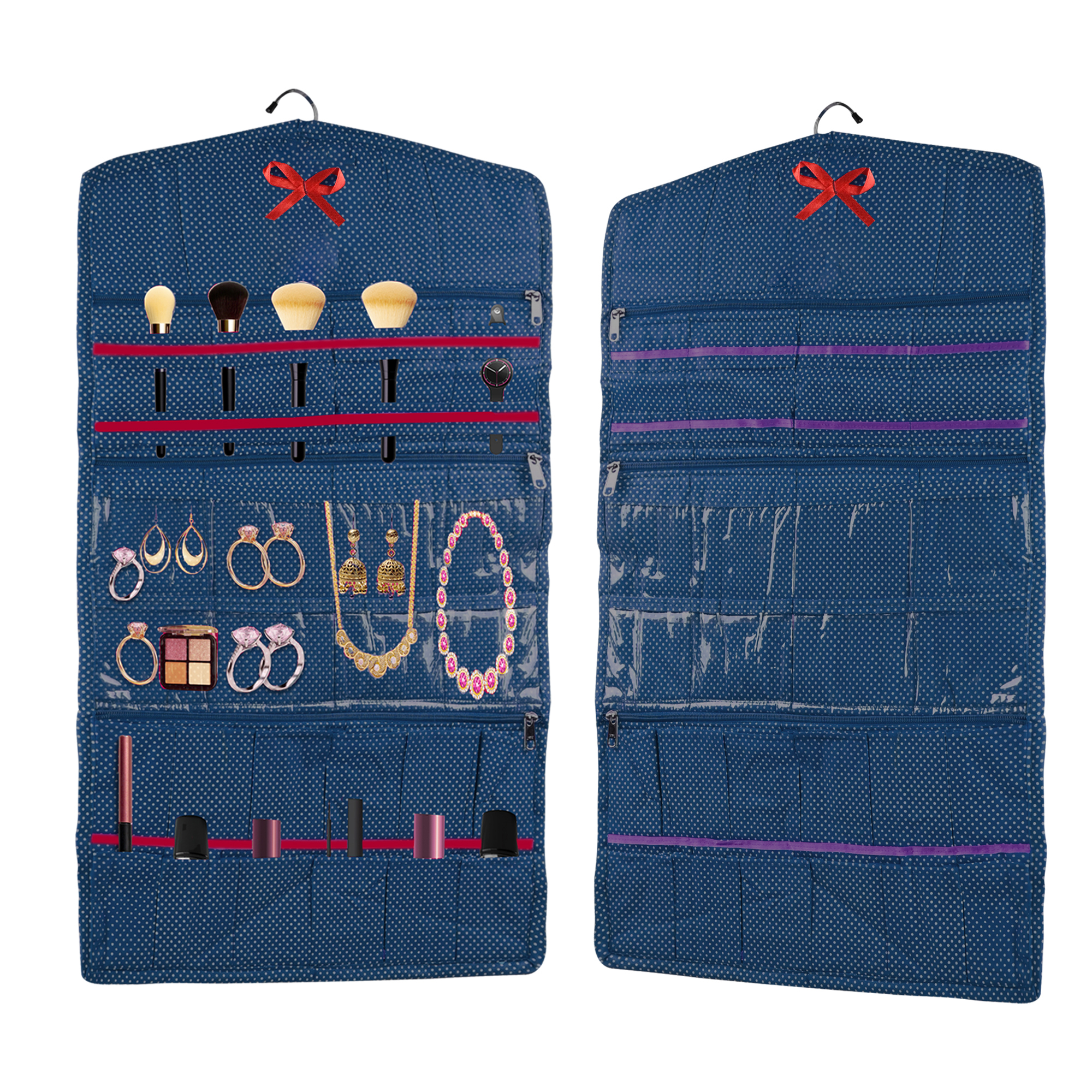 Kuber Industries Cotton Hanging Jewellery Organizer with Zip  Multipurpose Jewellery Storage Bag for Holding Necklaces Bracelets Rings  Earrings  Dot Print - Blue