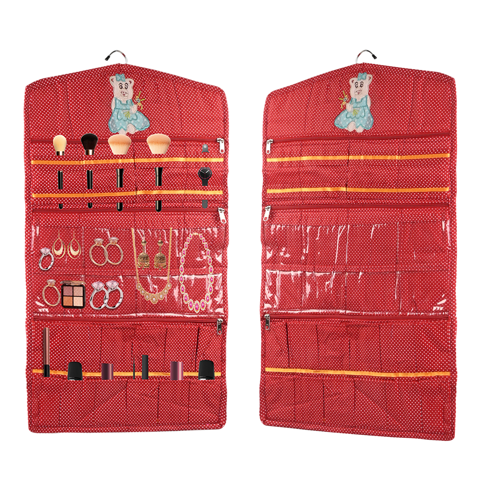 Kuber Industries Cotton Hanging Jewellery Organizer with Zip  Multipurpose Jewellery Storage Bag for Holding Necklaces Bracelets Rings  Earrings  Dot Print - Red