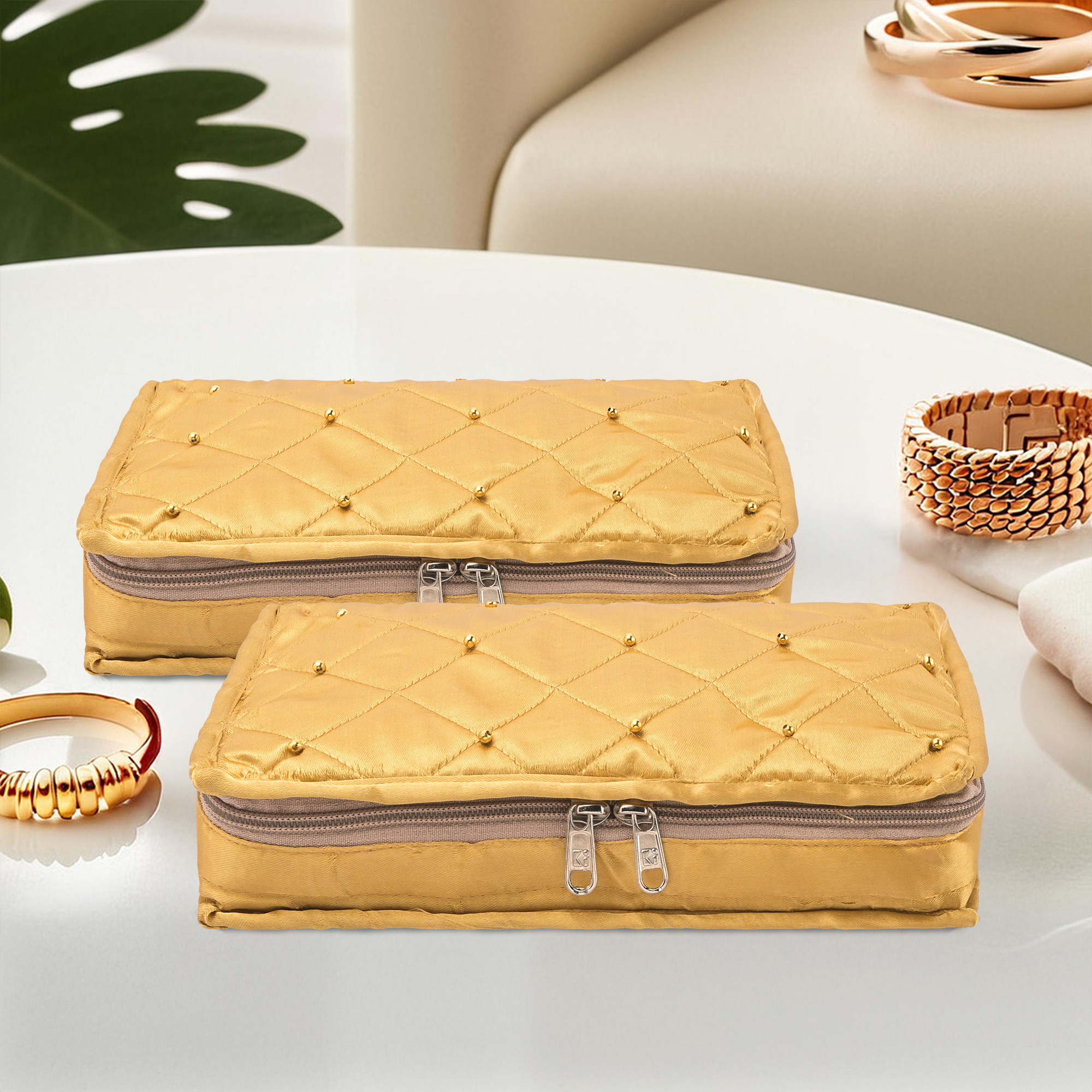 Kuber Industries Satin  Jewellery Kit with 6 Pouches  Foldable Jewellery Organisers Bag for Necklaces Rings Earrings  Bracelets  Moti Design - Golden