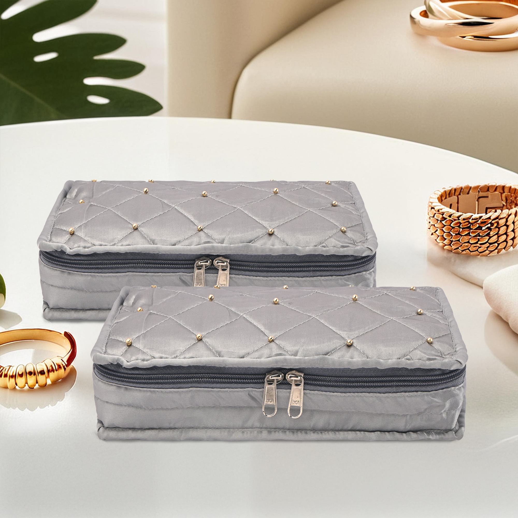 Kuber Industries Satin  Jewellery Kit with 6 Pouches  Foldable Jewellery Organisers Bag for Necklaces Rings Earrings  Bracelets  Moti Design - Grey